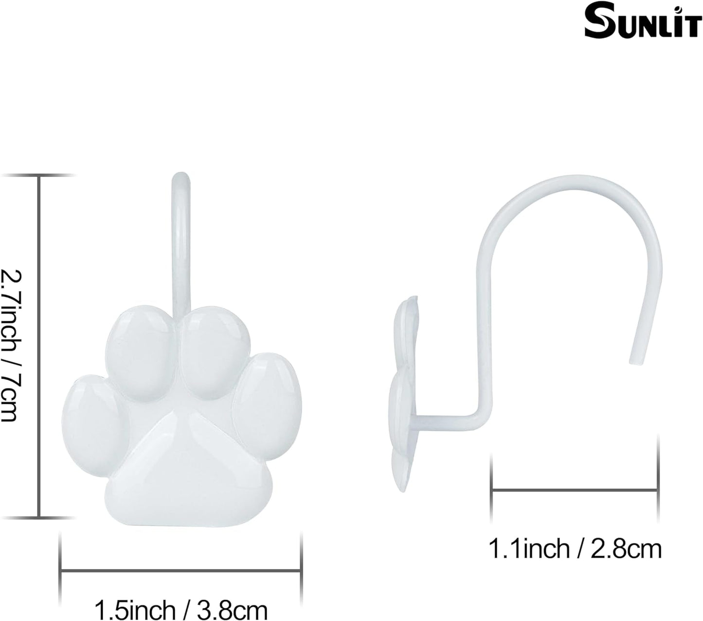 Sunlit Fashion Design Cute Paw Print Polished Shower Curtain Hooks for Dog Cat and Bear, Rust Proof Oil Rubbed Metal Shower Curtain Rings-12 Pack