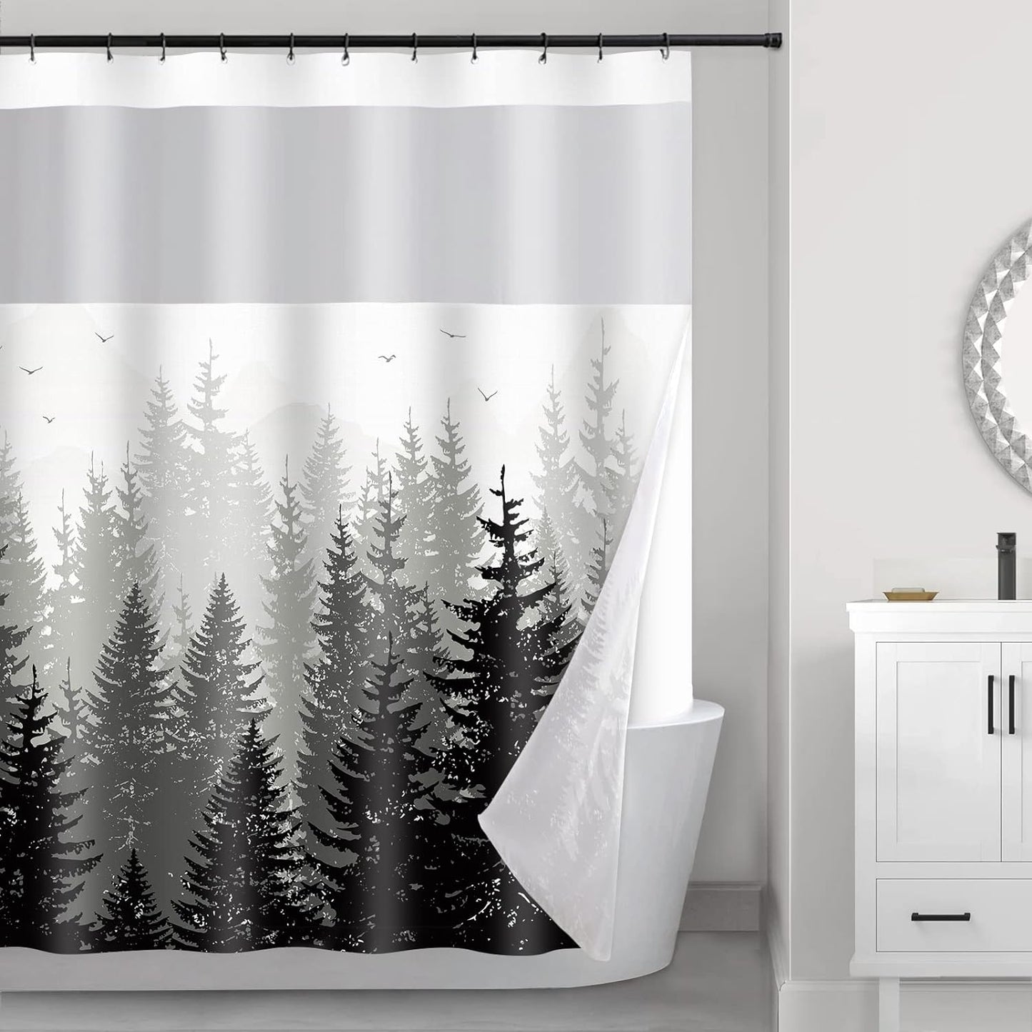 Forest Shower Curtain with snap-in Fabric Liner, Gray Mountain Nature Tree Shower Curtains with Mesh Top Window for Bathroom Decor, Contemporary Bathroom Curtains, See Through Sheer Window, 71x71