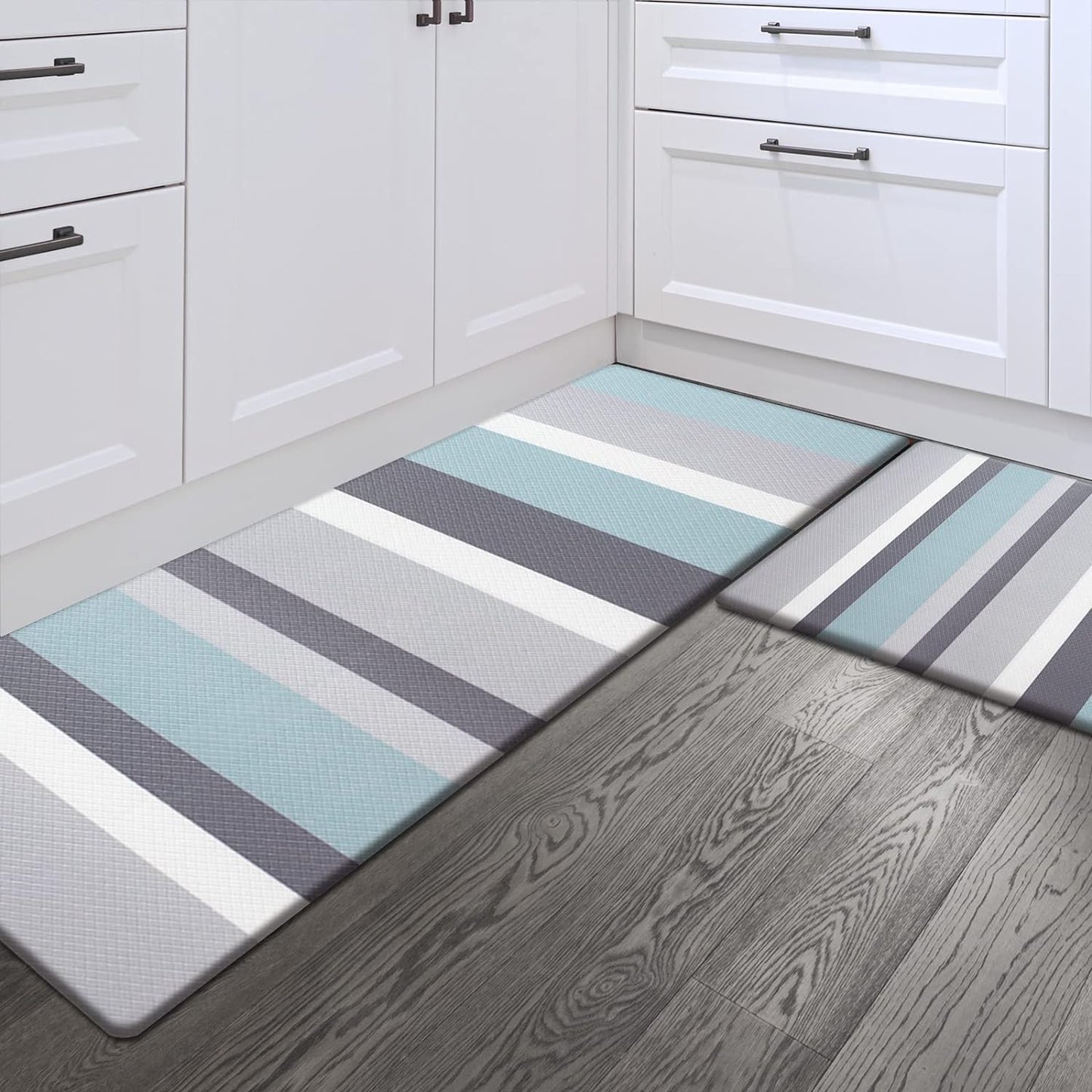 Sunlit Set of 2 Anti Fatigue Kitchen Floor Mat, Non Slip Waterproof Comfort Standing Mat, 0.4Inch Thick Cushioned Anti Fatigue Kitchen Rug Runner, Aqua Blue Gray Stripes(Size:17"x28"&17"x47")