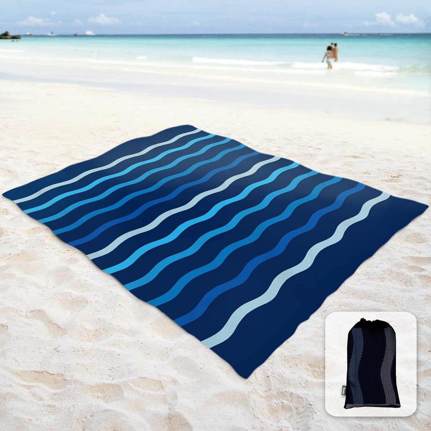 Sunlit Silky Soft Sand Proof Beach Blanket 106"x81" / 85"x72" Sand Proof Mat with Corner Pockets and Mesh Bag for Beach Party, Travel, Camping and Outdoor Music Festival, Navy Blue Wave Curve