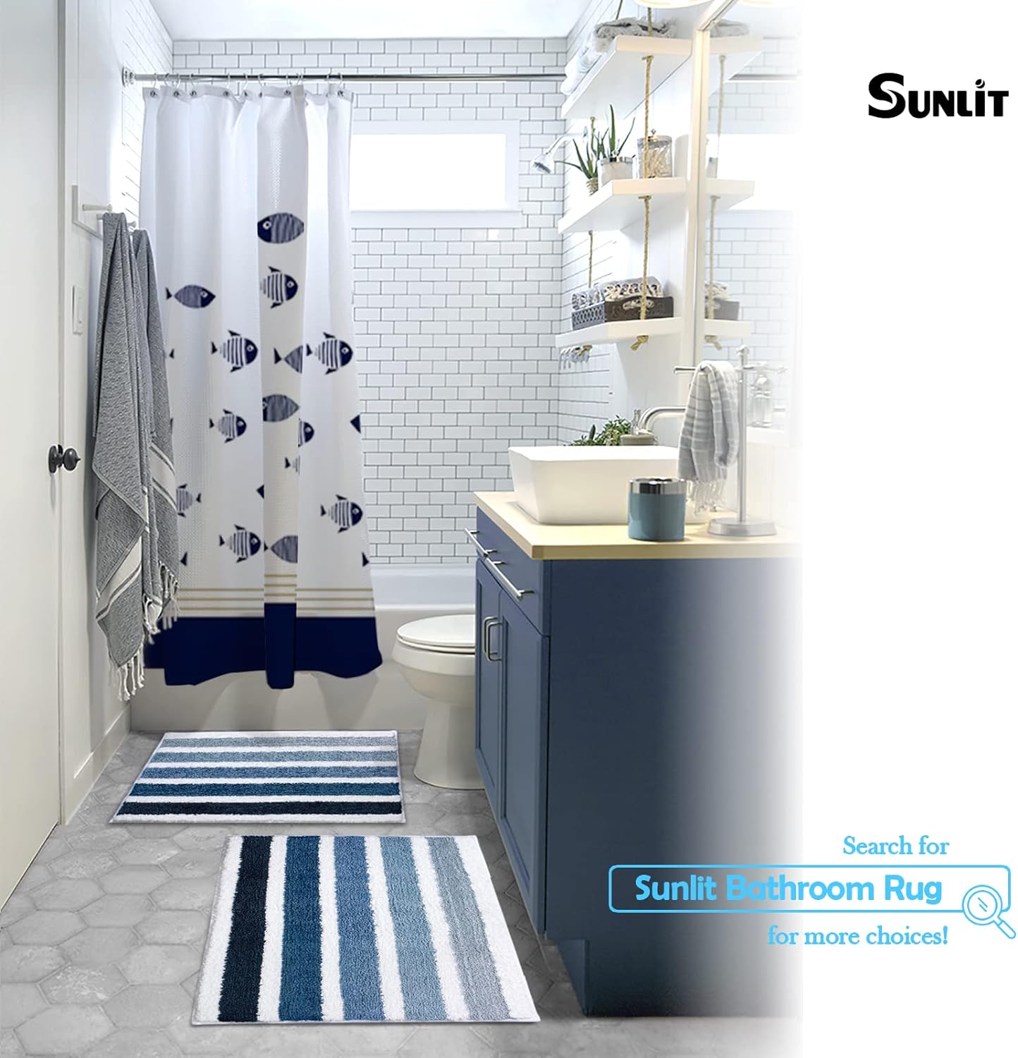 Sunlit Ombre Blue Bathroom Rug Nautical Bath Mat for Bathroom Non Slip 24"x17" Blue and White