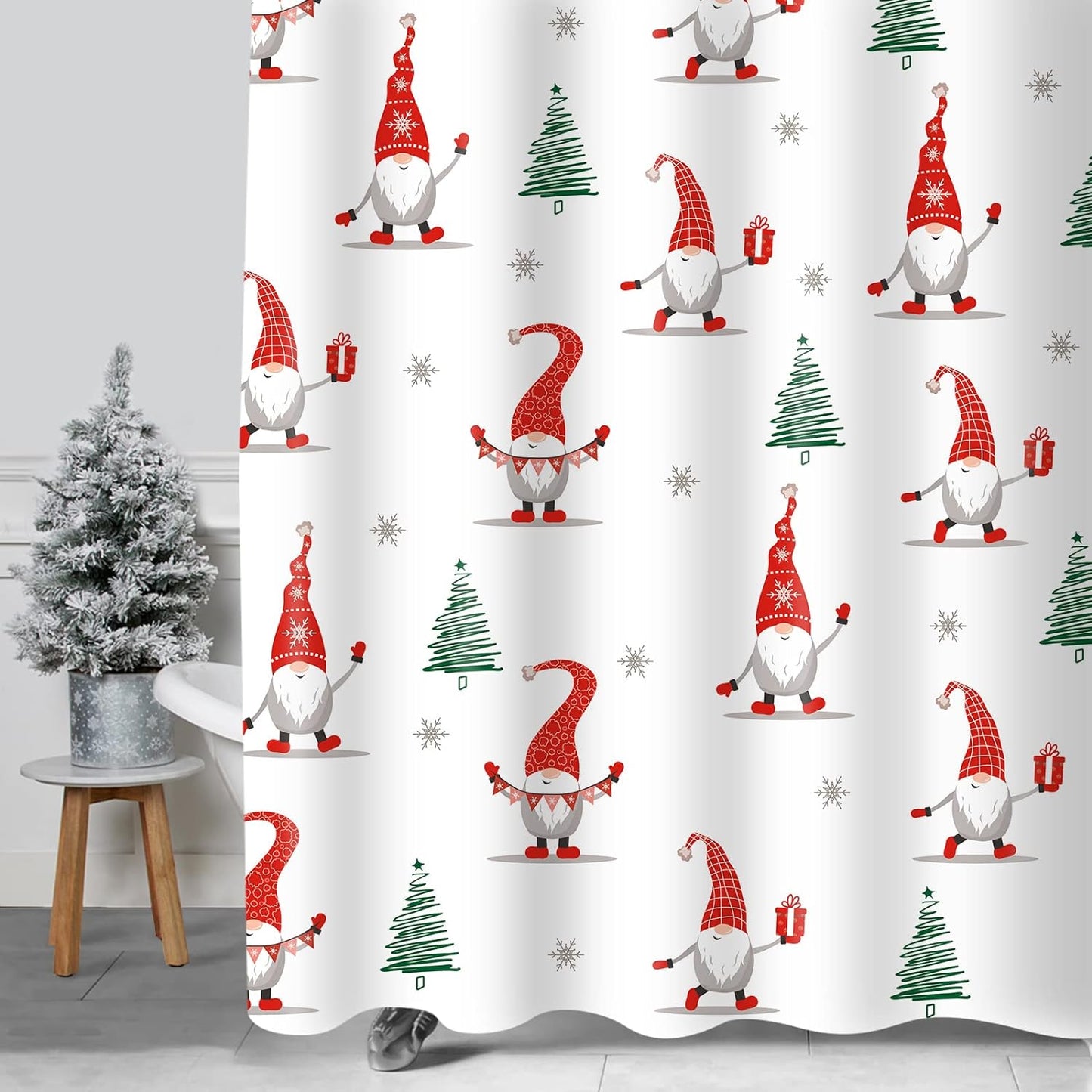 Geometric Modern Design Christmas Shower Curtain Christmas Tree Bathroom Home Office Holiday Wall Decoration as Tapestry and Photo Booth Backdrop Red Green White Printed
