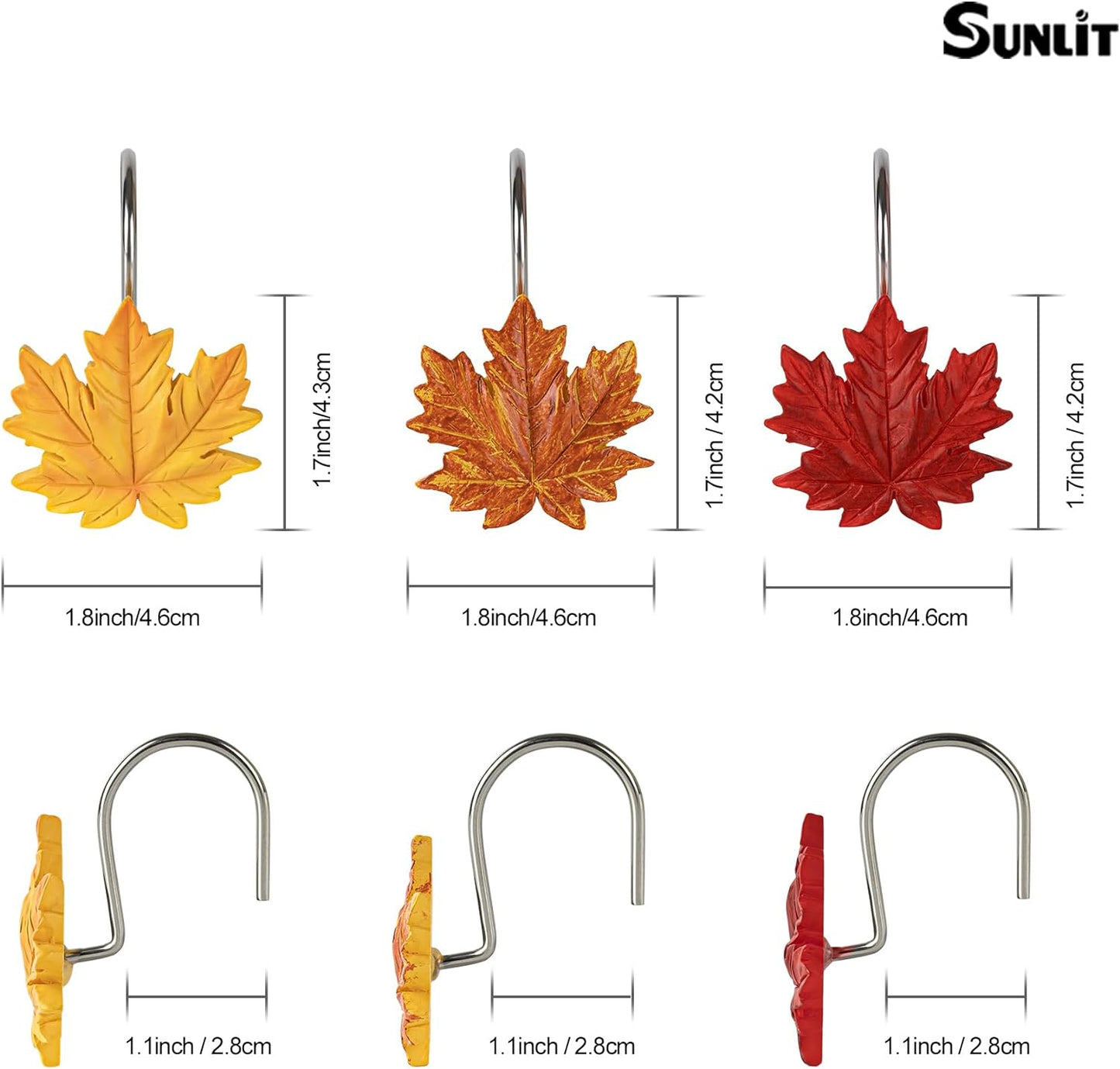 Sunlit Maple Leaf Shower Curtain Hooks for Fall Autumn, Home Decorative Shower Curtain Rings for Bathroom, Resin, Orange Red Maple Leaves Shower Curtain Hangers Hooks Bath Accessories, Set of 12