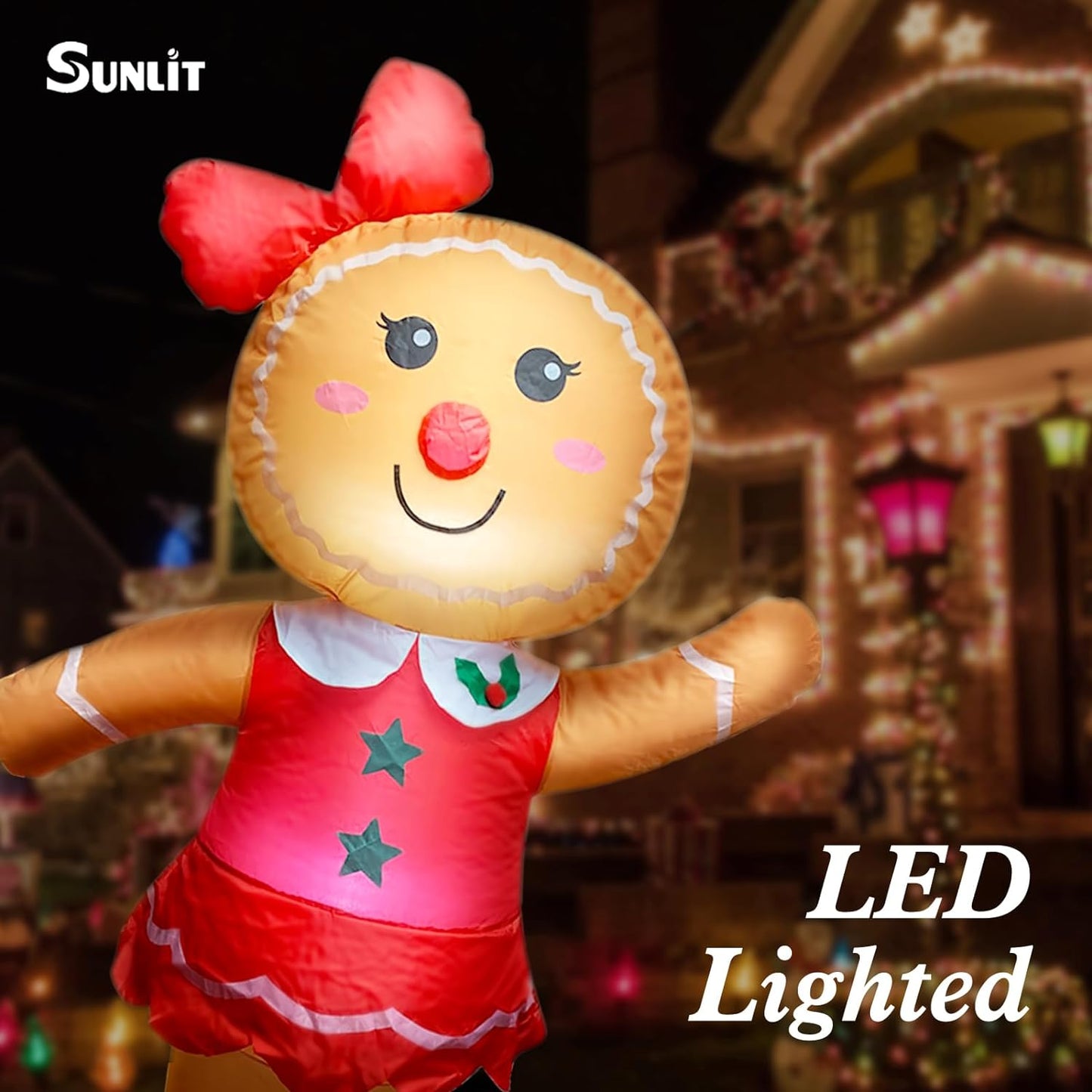 Sunlit 4.5FT Lighted Gingerbread Girl Inflatable Yard Decoration with Blower and Adaptor for Festive Indoor Porch Outdoor Decor
