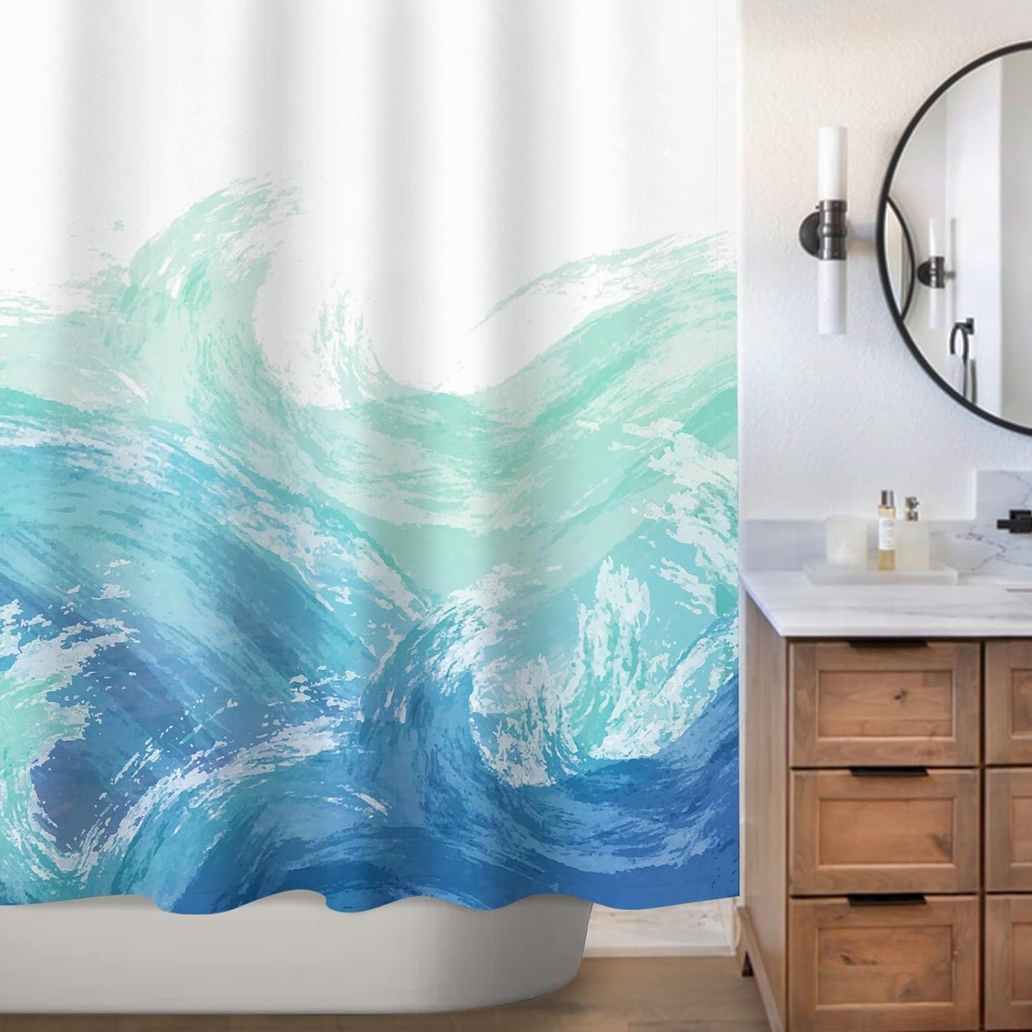 Wave Shower Curtain, Ombre Blue and Green Ocean Theme Shower Curtain for Bathroom Modern Decor Waterproof Tapestry, 71x71 Inch