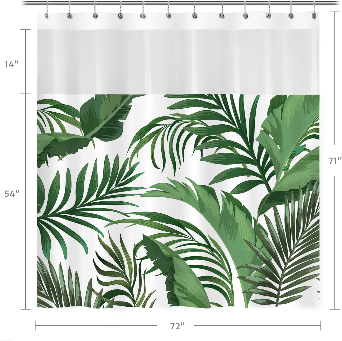 Palm Leaf Shower Curtain with Snap-in Fabric Liner, Green Tropical Shower Curtains with Mesh Top Window for Bathroom Decor, Botanical Plant Bathroom Curtains, See Through Sheer Window, 71x71