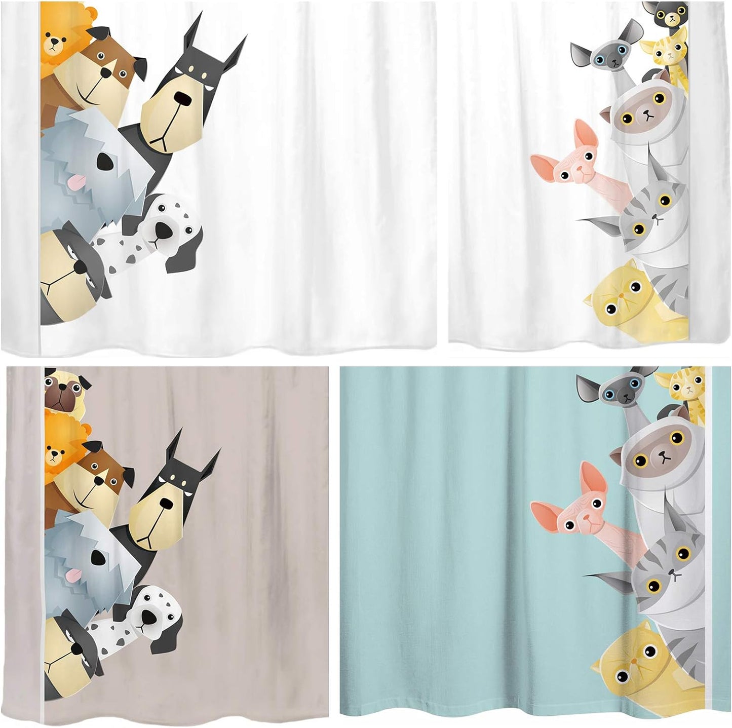 Sunlit Peekaboo Cute Dogs Curious Cartoon Puppy Fabric Shower Curtain for Kids Dogs Lovers, Tawny with Dalmatian Bulldog Pug Poodle Beagle, White