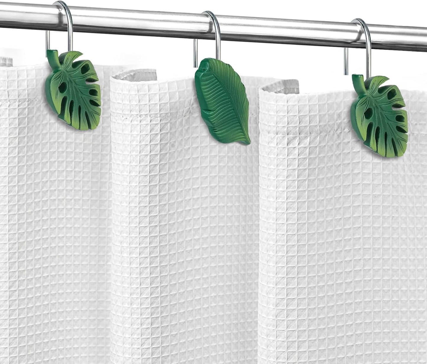 Tropical Leaf Decorative Shower Curtain Hooks Green Botanical Shower Curtain Rings, Resin, Monstera Deliciosa Strelitzia Reginae Leaves Shower Curtain Hangers for Bathroom, Set of 12