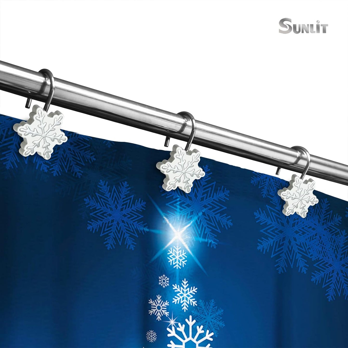 Sunlit Christmas Shower Curtain Hooks Snowflakes Shower Curtain Rings, Resin, White and Light Blue Christmas Decor, Winter Bathroom Decoration - 12 Pack