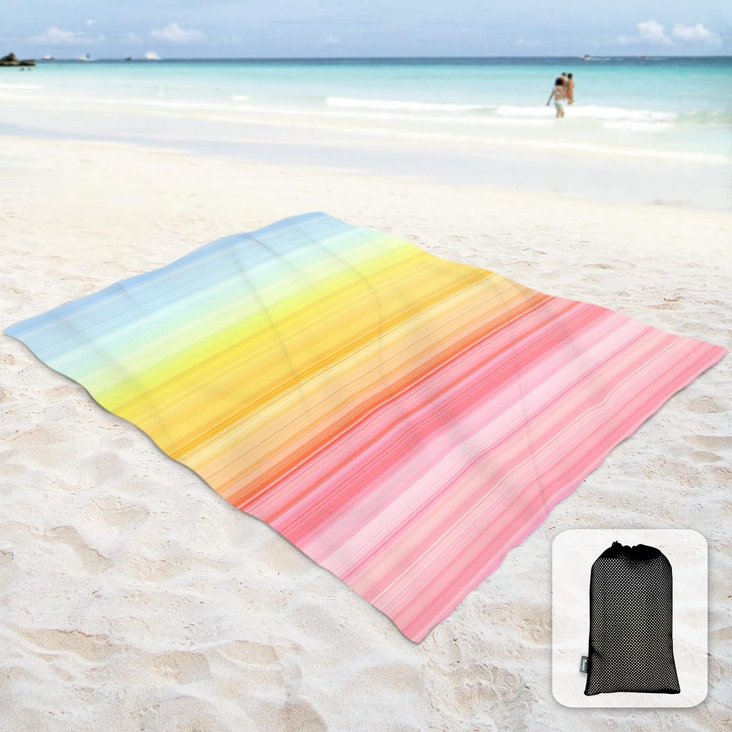 Sunlit Silky Soft 106"x81" Sand Proof Beach Blanket Sand Proof Mat with Corner Pocket and Mesh Bag for Beach Party, Travel, Camping and Outdoor Music Festival, Watercolor Painting Macaron Blue