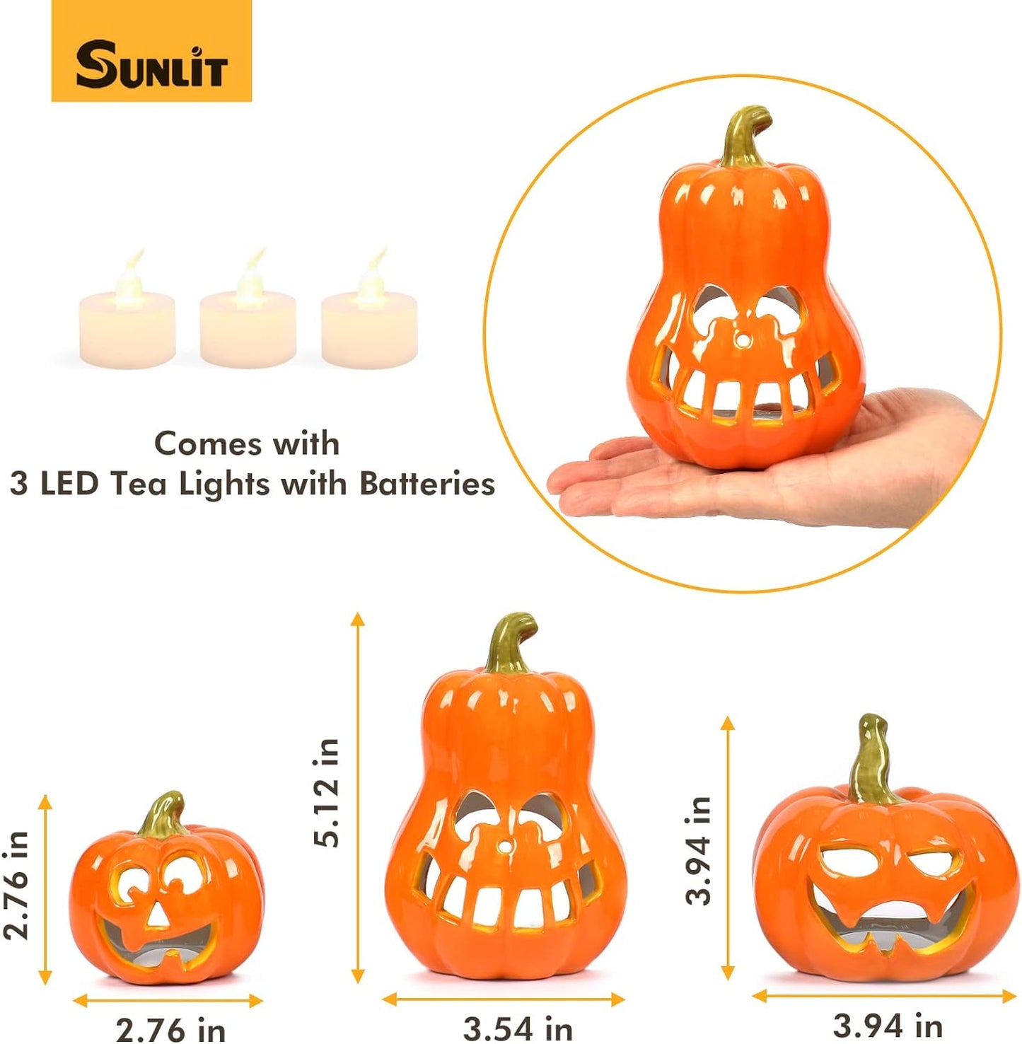 Sunlit Ceramic Pumpkin with 3 Tea Lights, Jack-O-Lantern Candle Holder Set of 3, Tabletop Indoor Halloween Decorations for Holiday Party Home