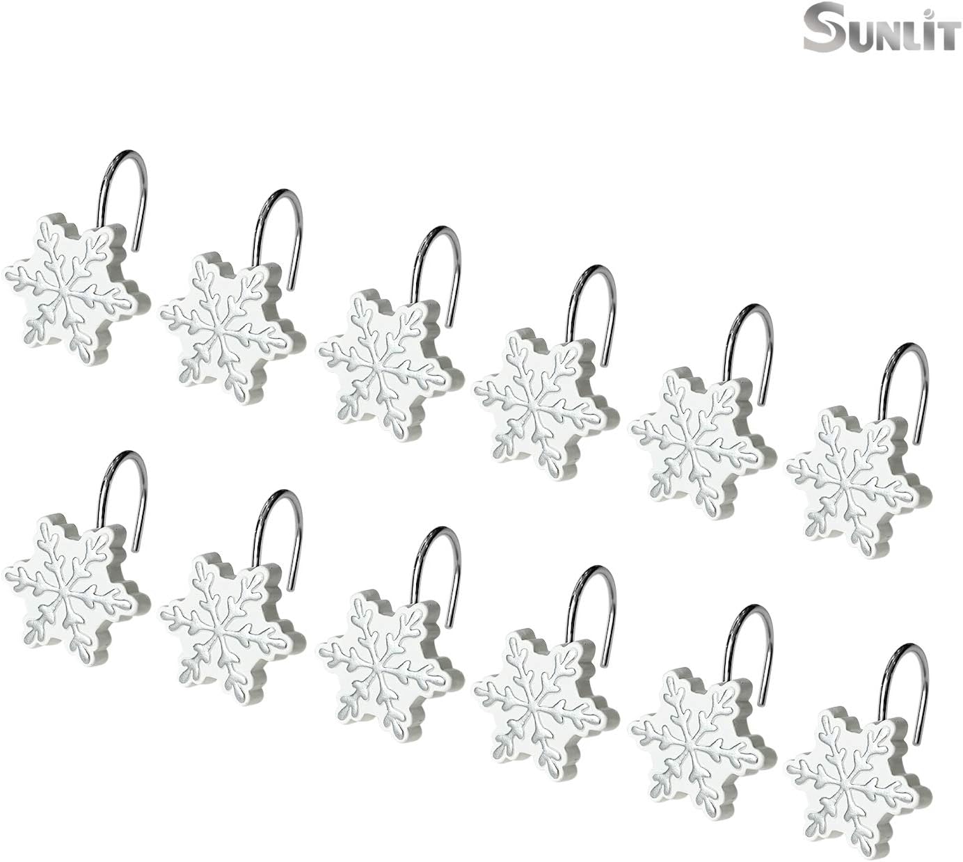 Sunlit Christmas Shower Curtain Hooks Snowflakes Shower Curtain Rings, Resin, White and Light Blue Christmas Decor, Winter Bathroom Decoration - 12 Pack