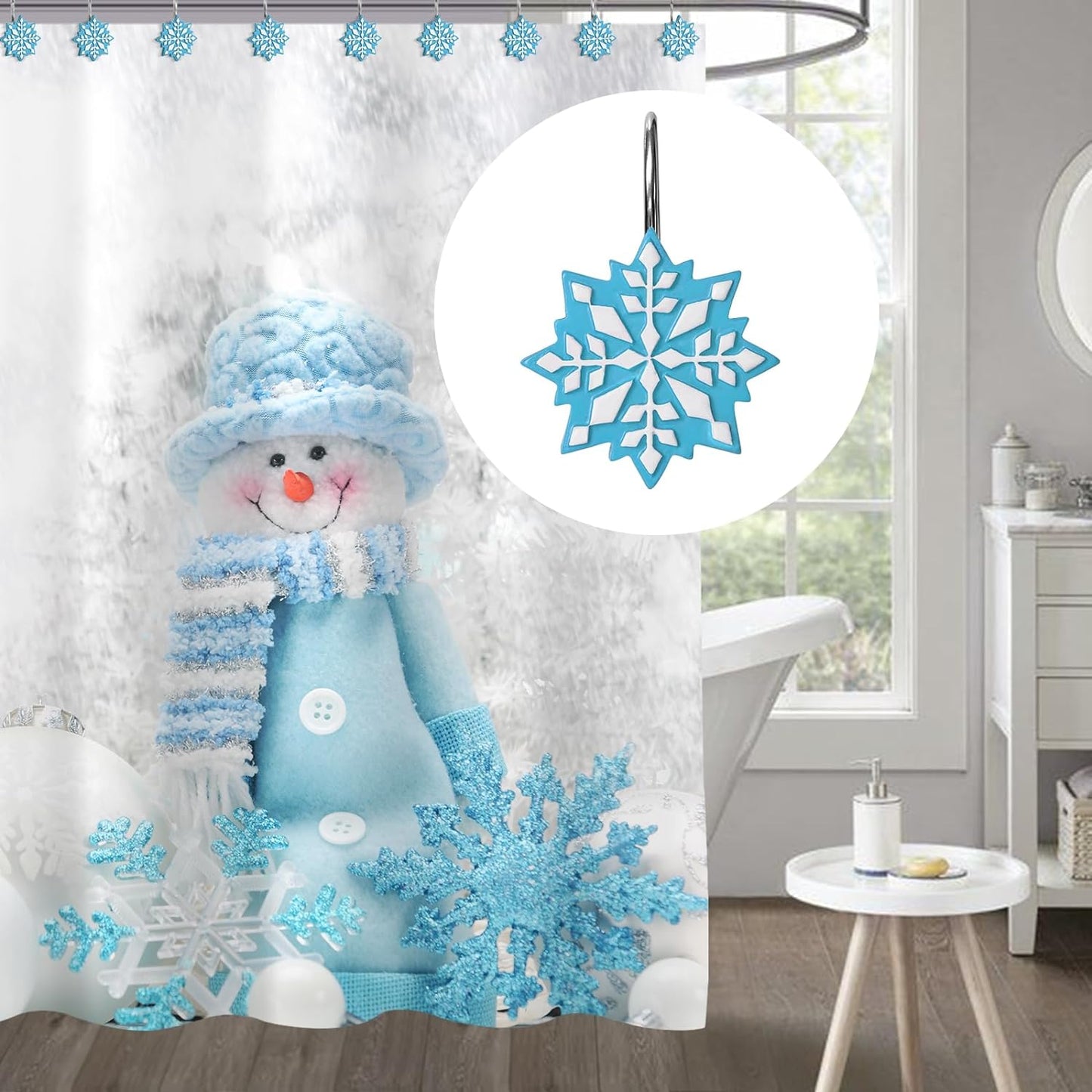 Sunlit Merry Christmas Shower Curtain Hooks White Reindeer Red Shower Curtain Rings, Resin, Winter Bathroom Decoration - 12 Pack