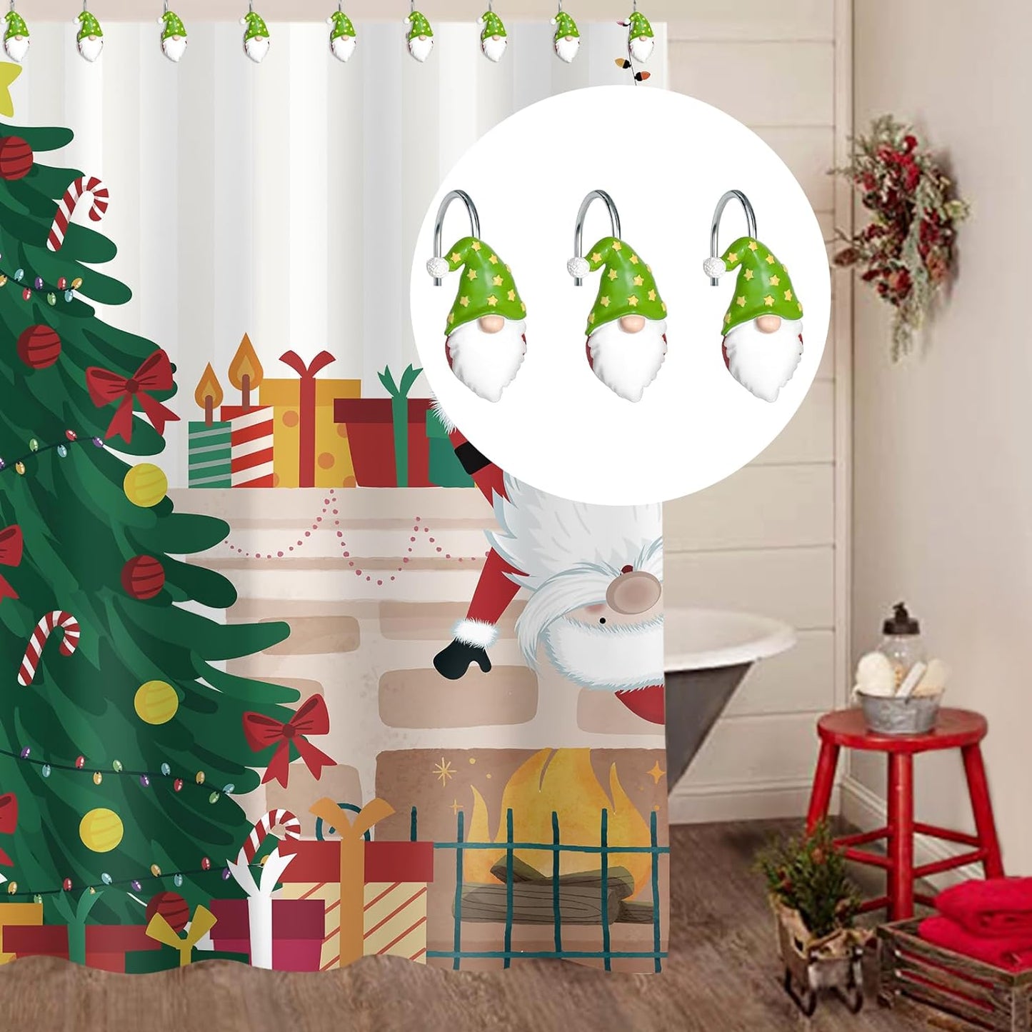 Sunlit Christmas Shower Curtain Hooks, Gnome Shower Curtain Rings, Hand Painted Resin Christmas Decor, Winter Bathroom Decoration, Black Top Hat, Set of 12