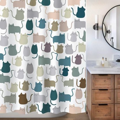 Sunlit Design Lovely Multicolor Cartoon Cats Fabric Shower Curtain, Cute Cats Bathroom Decoration Curtains for Baby Kids Children