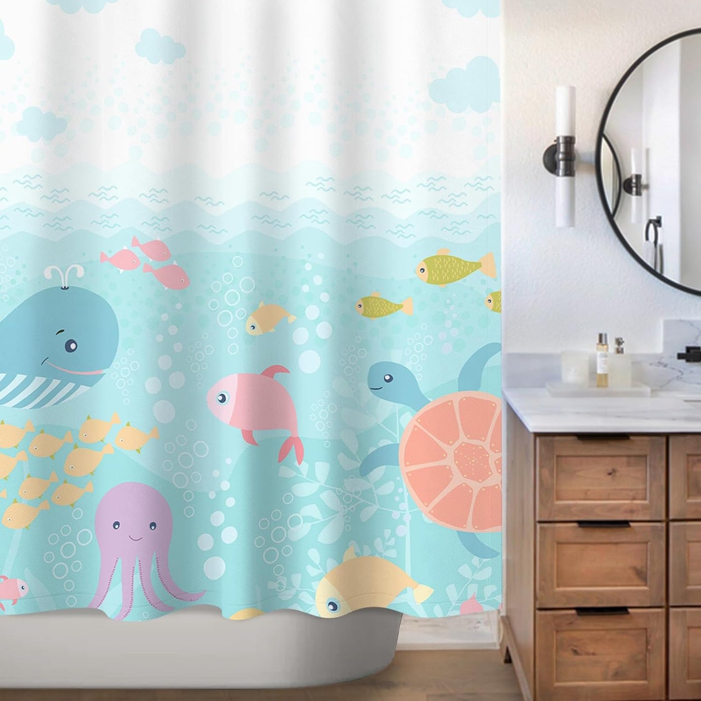 Sunlit Lovely Cartoon Sea Creatures Fabric Shower Curtain for Kids, Whale Turtle and Fish Bathroom Decor Curtain for Girls and Boys