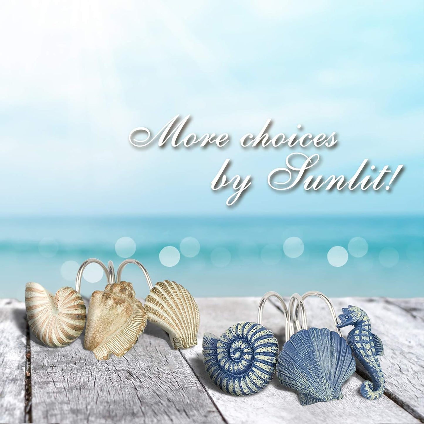 Sunlit Seashells Decorative Shower Curtain Hooks, Blue Ocean Creatures Coastal Shower Curtain Rings, Resin, Nautical Bathroom Decoration Beach Shower Curtain Hooks-12 Pack