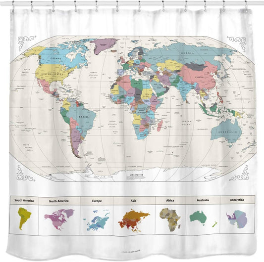 New! Map of The World with Detailed Major Cities. PVC Free, Non-Toxic and Odorless Water Repellent Fabric Shower Curtains - Large Home Decor Wall Map