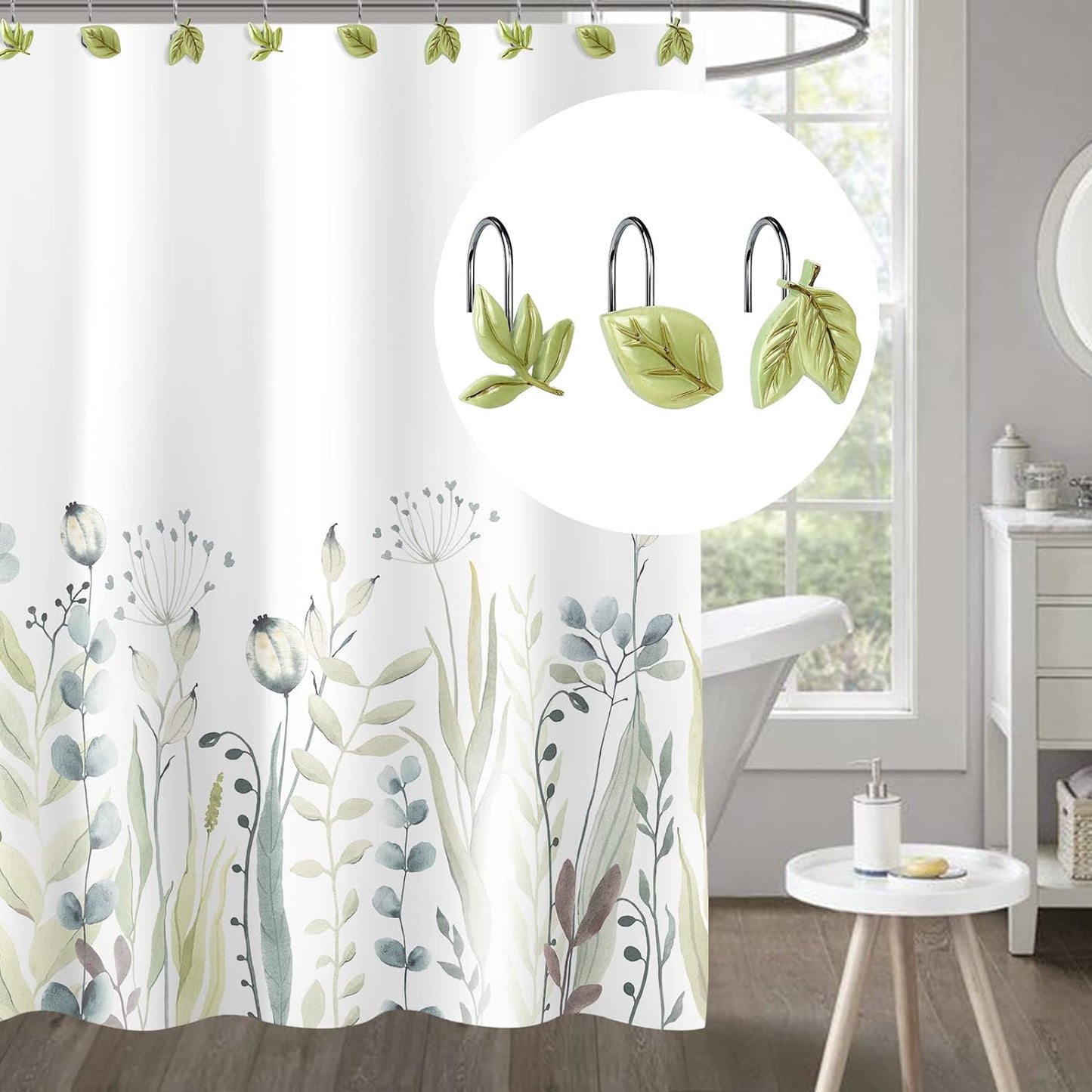 Light Green Plant Leaves Decorative Shower Curtain Hooks, Tropical Botanical Plam Tree Leaf Shower Curtain Rings for Bathroom, Resin, Cute Shower Curtain Hanger Hooks Bathroom Decor, Set of 12