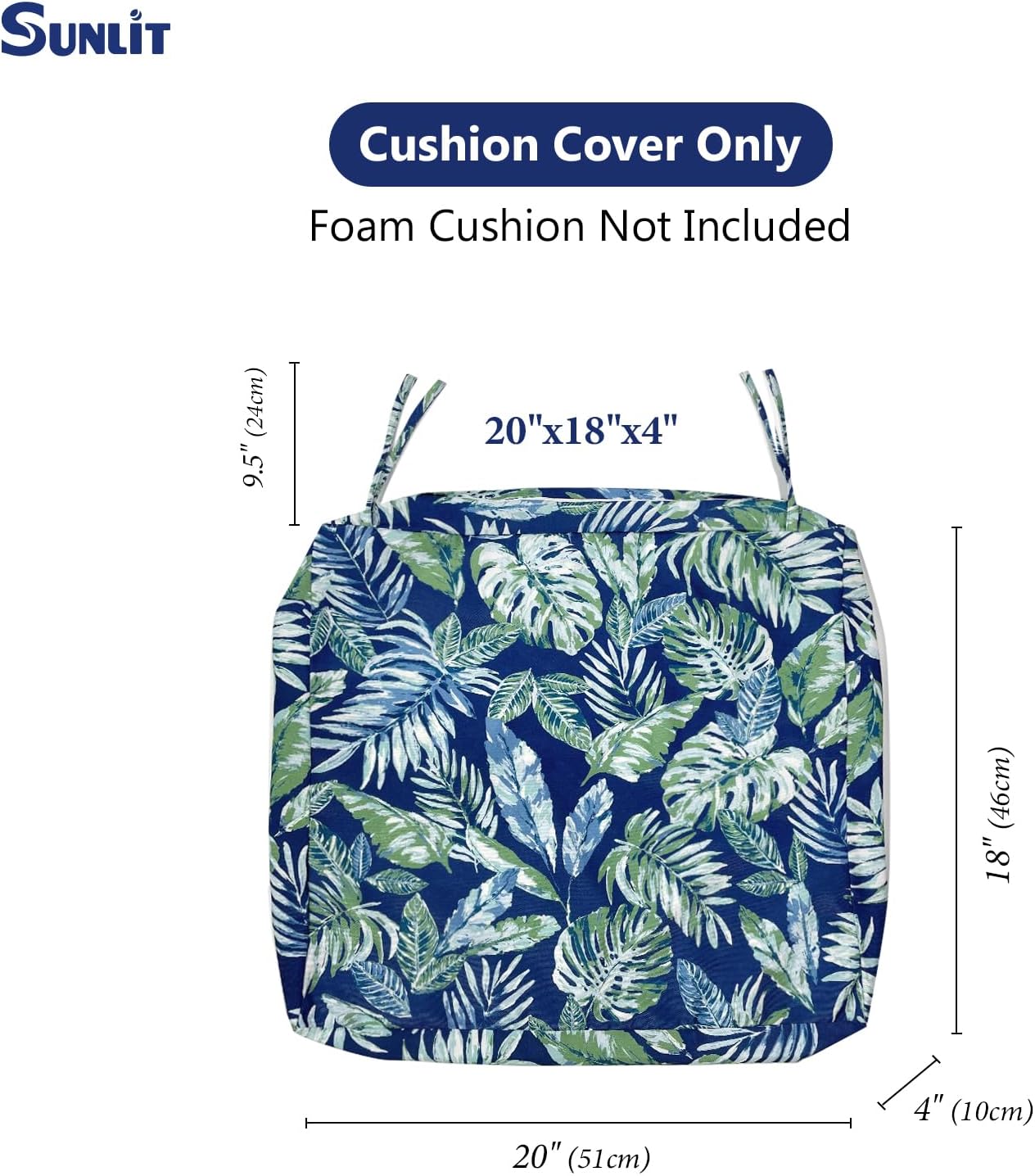Sunlit Outdoor Cushion Covers 24" x 24" x 4", Replacement Cover Only, 4 Pack Water-Repellent Patio Chair Seat Slipcovers with Zipper and Tie, Tropical Leaf, Blue Green