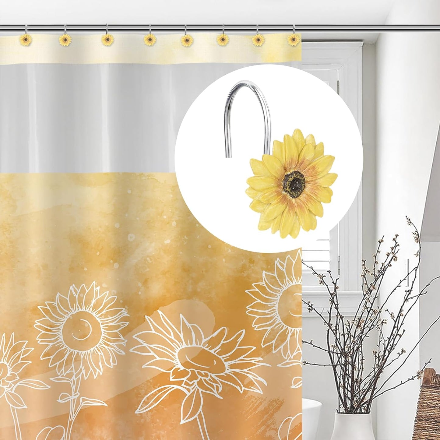 Sunlit Yellow Sunflower Shower Curtain Hooks, Home Decorative Shower Curtain Rings for Bathroom, Resin, Summer Floral Shower Curtain Hanger Hooks for Living Room, Set of 12