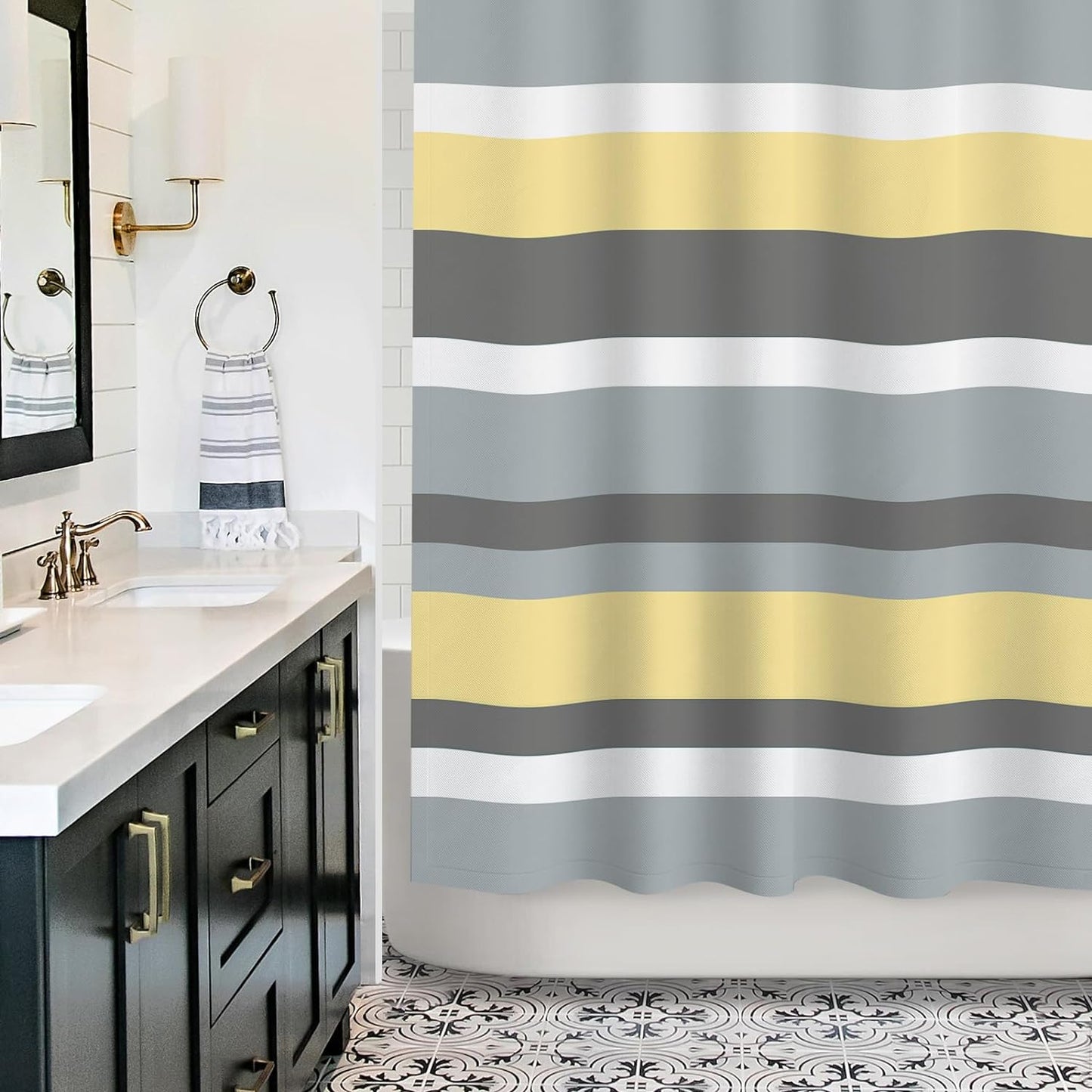 Sunlit Aqua Blue Gray Horizontal Stripes Water-Repellent Fabric Shower Curtain with Reinforced Metal Grommets Refreshing Striped Design Bathroom Decor