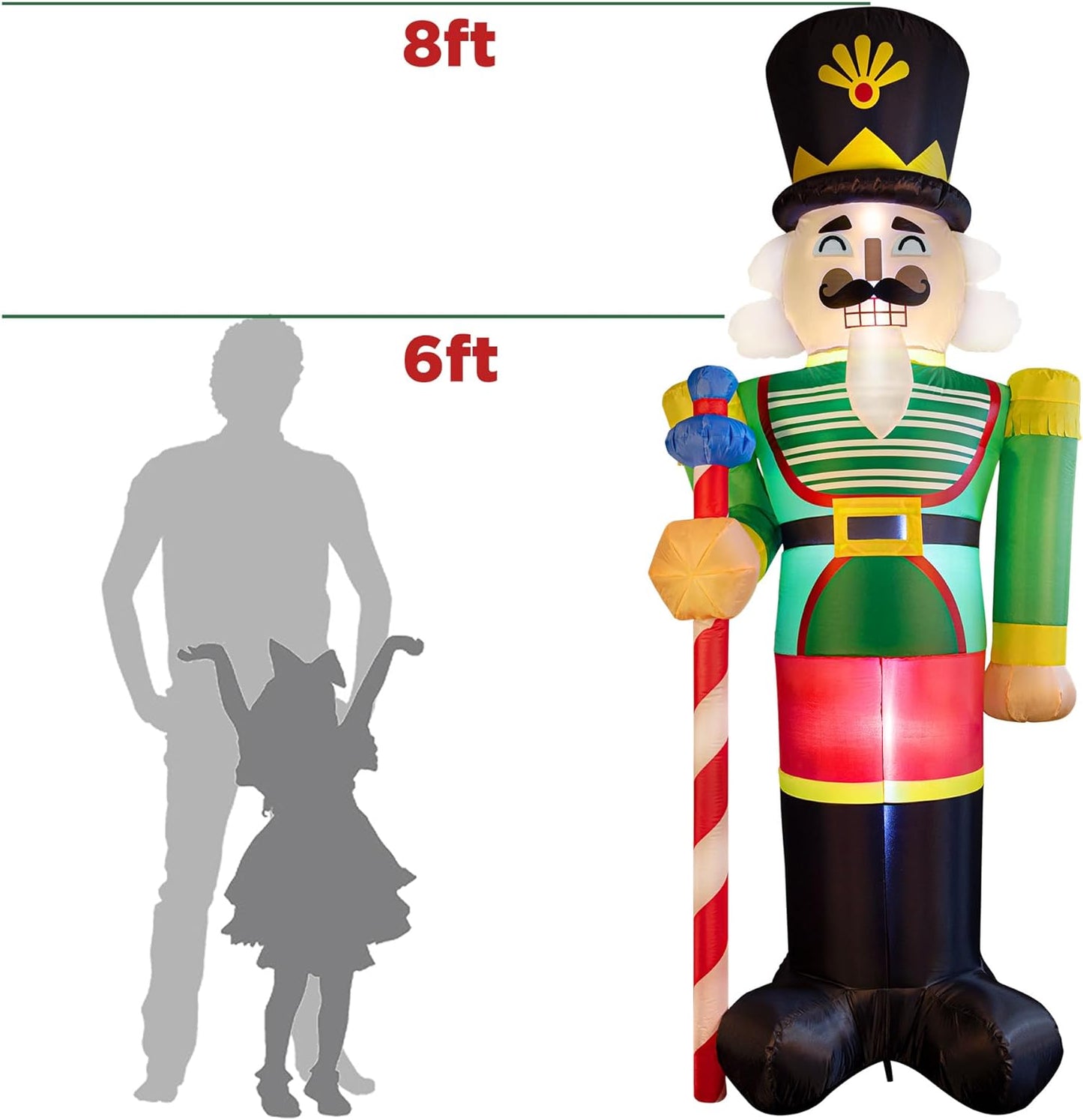 Sunlit 8ft Giant Christmas Inflatable Nutcracker Soldier with Replaceable Eyes, Lighted Yard Outdoor Holiday Decoration with Blower and Adaptor for Indoor Porch Lawn, Red and Green