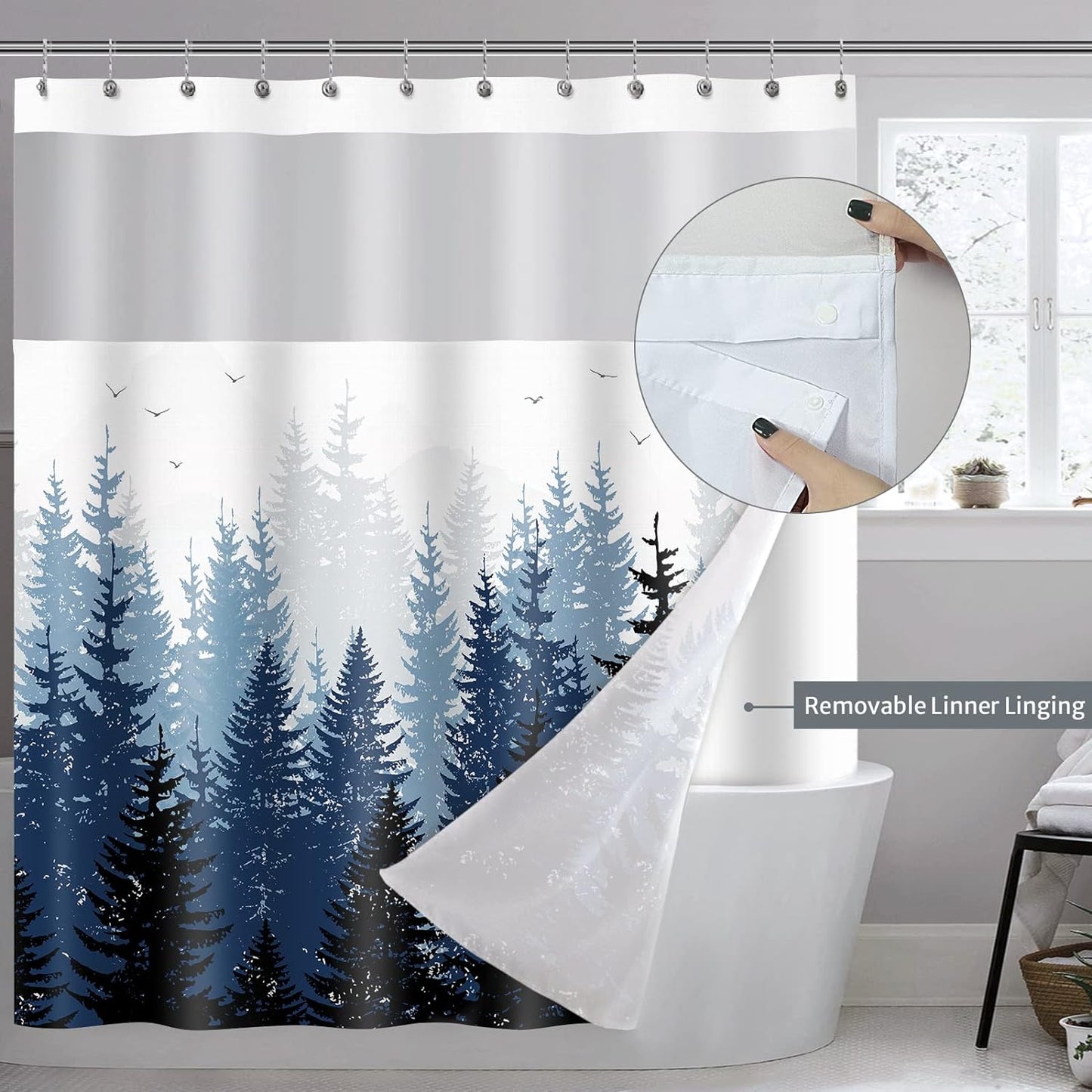 Forest Shower Curtain with snap-in Fabric Liner, Gray Mountain Nature Tree Shower Curtains with Mesh Top Window for Bathroom Decor, Contemporary Bathroom Curtains, See Through Sheer Window, 71x71