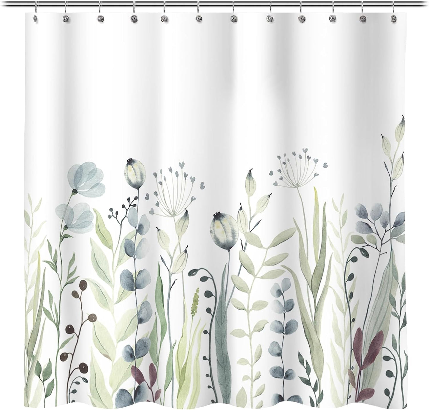 Floral Plant Fabric Shower Curtain, Spring Blue and Green Flower Shower Curtains for Home Decor, Botanical Bath Curtain for Bathroom Washable, 71x71