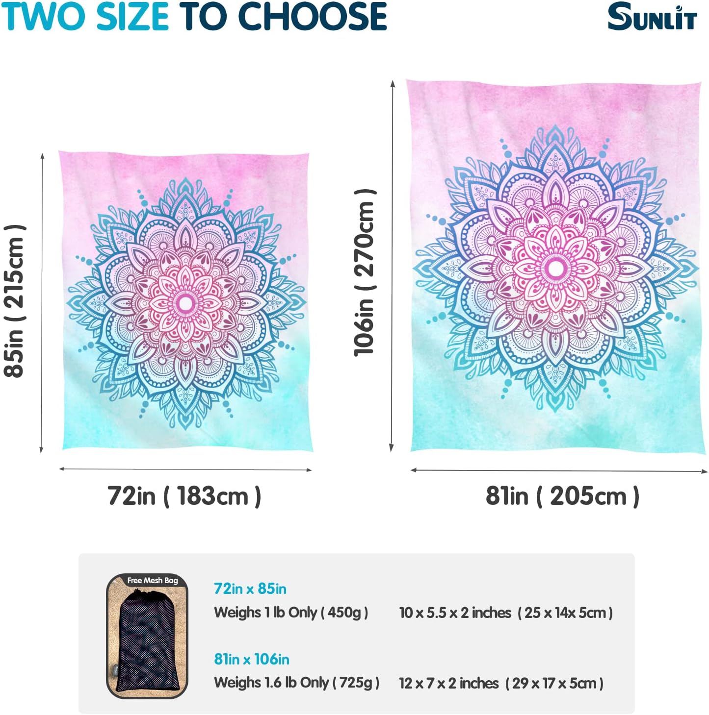 Sunlit Silky Soft 106"x81" Sand Proof Beach Blanket Sand Proof Mat with Corner Pockets and Mesh Bag for Beach Party, Travel, Camping and Outdoor Music Festival, Watercolor Sky Blue Light Pink Mandala