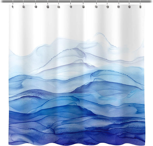 Ombre Blue Watercolor Textured Slubbed Fabric Shower Curtain, Abstract Ocean Wave Shower Curtains for Bathroom Decoration, 71x71