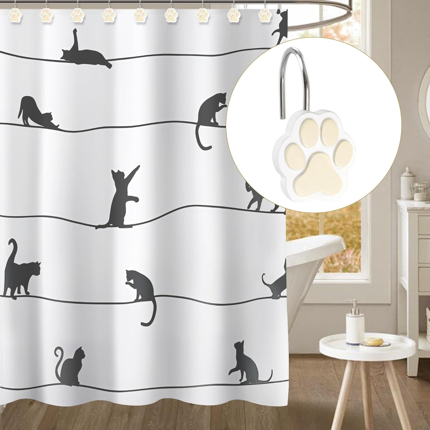 Sunlit Cute Paw Print Decorative Shower Curtain Hooks for Dog Cat Bear, Resin, Lovely Shower Curtain Rings for Kids, Bathroom Decoration Curtain, 12 Pack, White