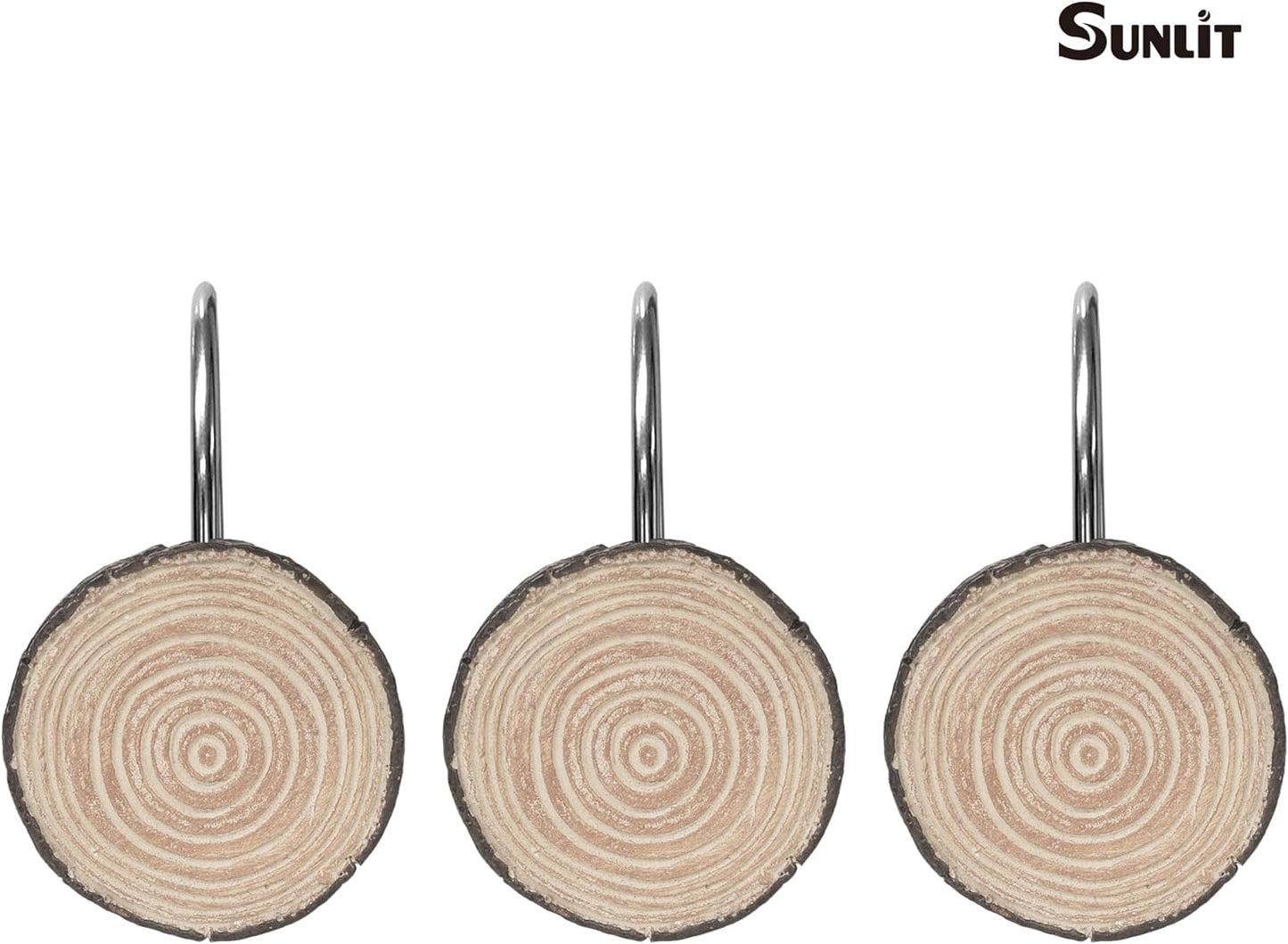 Sunlit Farmhouse Wooden Slices Shower Curtain Hooks, Rustic Home Decorative Shower Curtain Rings for Bathroom, Resin Shower Curtain Hangers Bathroom Accessories, Set of 12