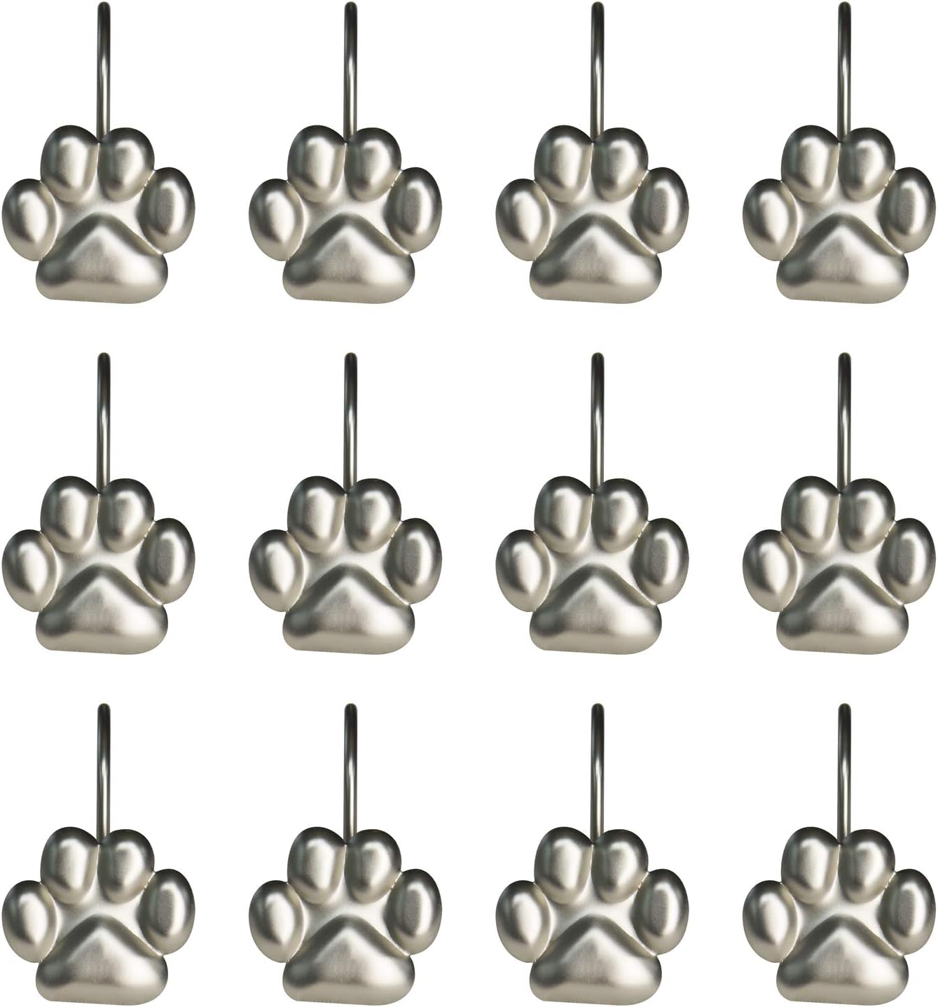 Sunlit Fashion Design Cute Paw Print Polished Shower Curtain Hooks for Dog Cat and Bear, Rust Proof Oil Rubbed Metal Shower Curtain Rings-12 Pack