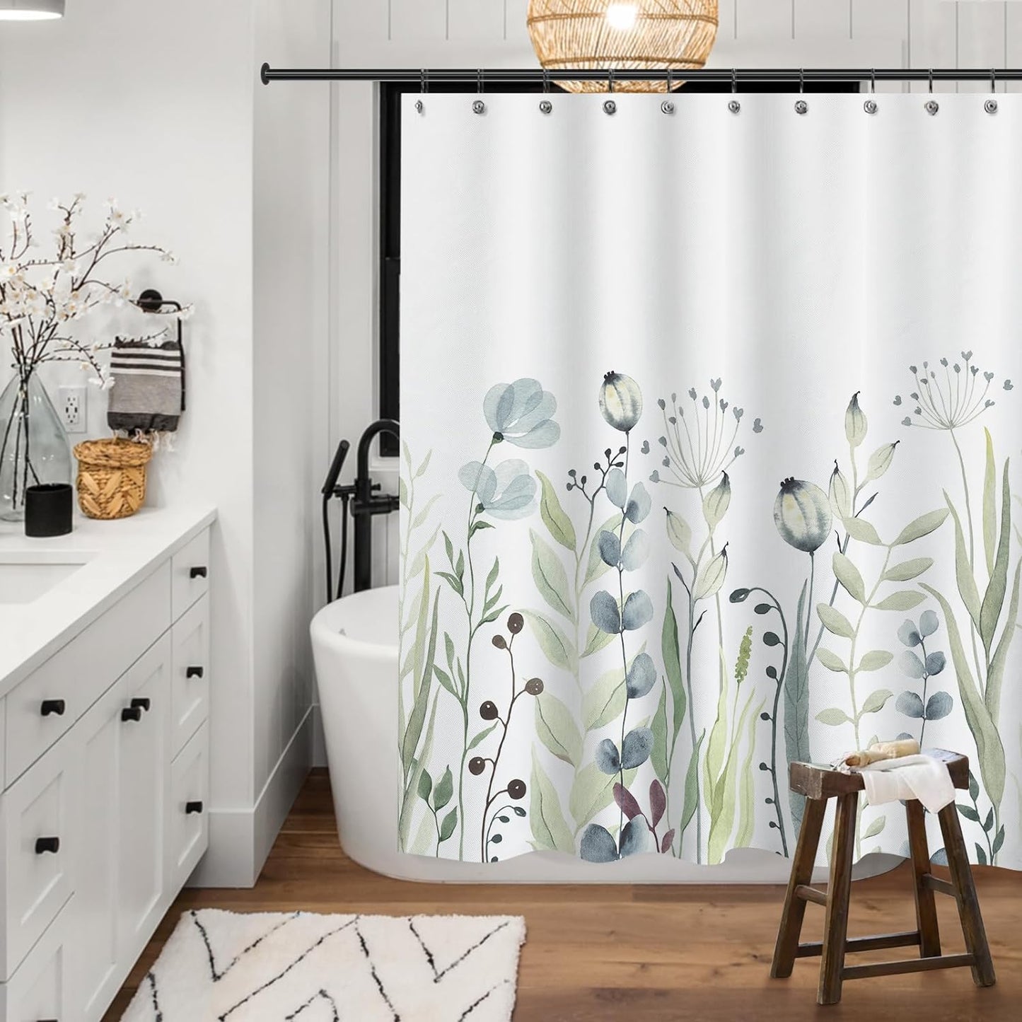 Floral Plant Fabric Shower Curtain, Spring Blue and Green Flower Shower Curtains for Home Decor, Botanical Bath Curtain for Bathroom Washable, 71x71