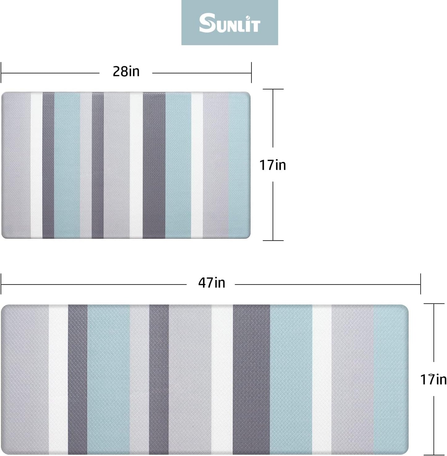 Sunlit Set of 2 Anti Fatigue Kitchen Floor Mat, Non Slip Waterproof Comfort Standing Mat, 0.4Inch Thick Cushioned Anti Fatigue Kitchen Rug Runner, Aqua Blue Gray Stripes(Size:17"x28"&17"x47")