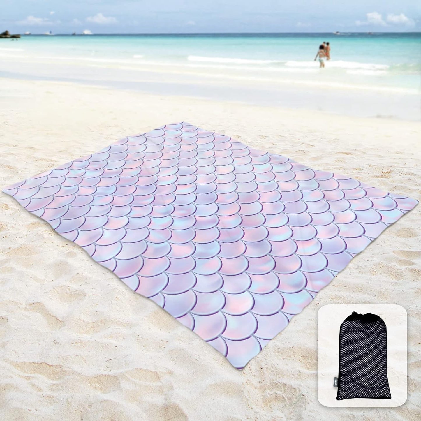Sunlit Silky Soft Sand Proof Beach Blanket 106"x81" / 85"x72" Sand Proof Mat with Corner Pockets and Mesh Bag for Beach Party, Travel, Camping and Outdoor Music Festival,Purple Mermaid Scale