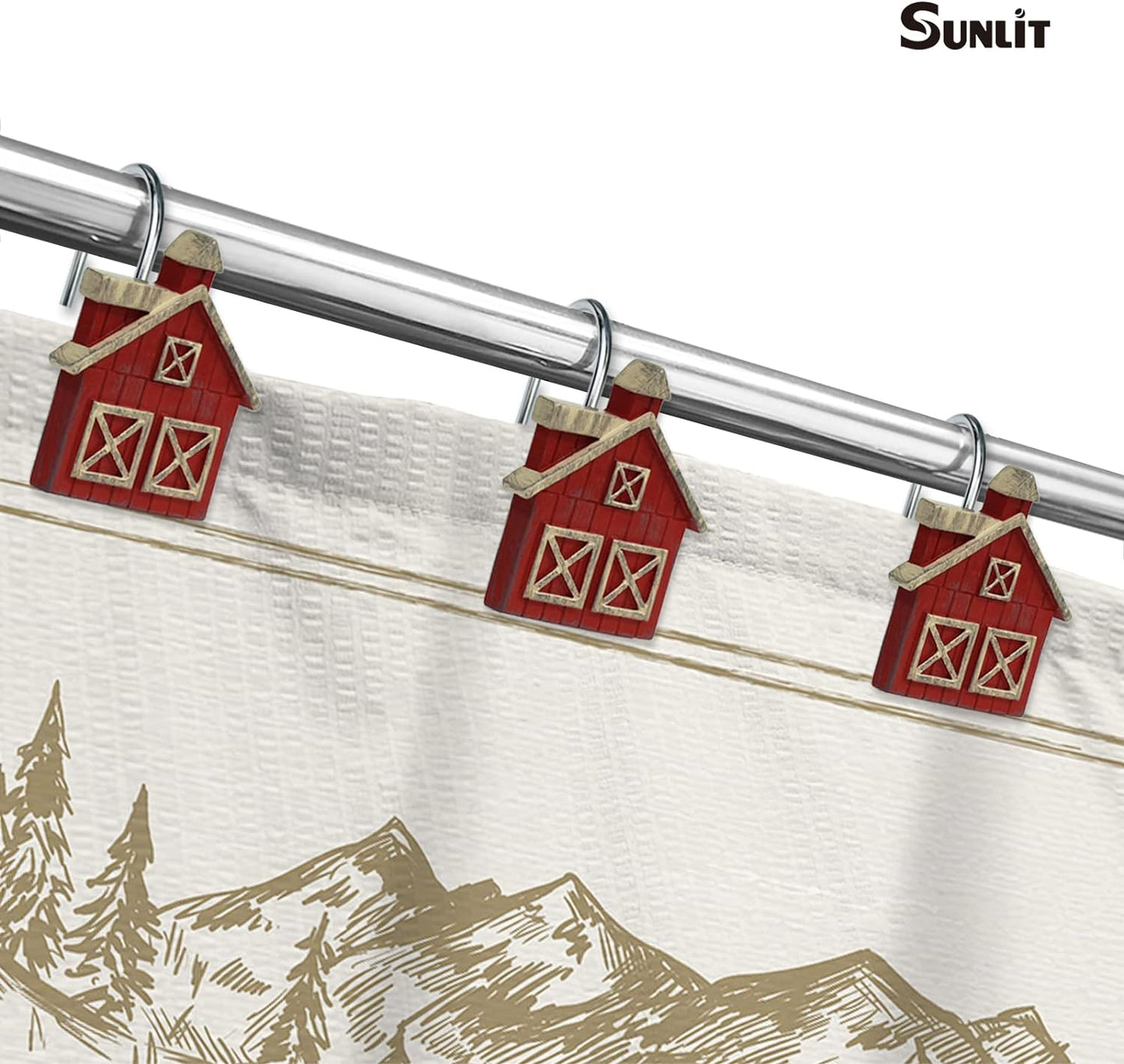 Sunlit Farmhouse Barn Christmas Shower Curtain Hooks, Rustic Red House Decorative Shower Curtain Rings, Resin, Wooden Plank Rural Country Bathroom Decoration Shower Curtain Hooks-12 Pack