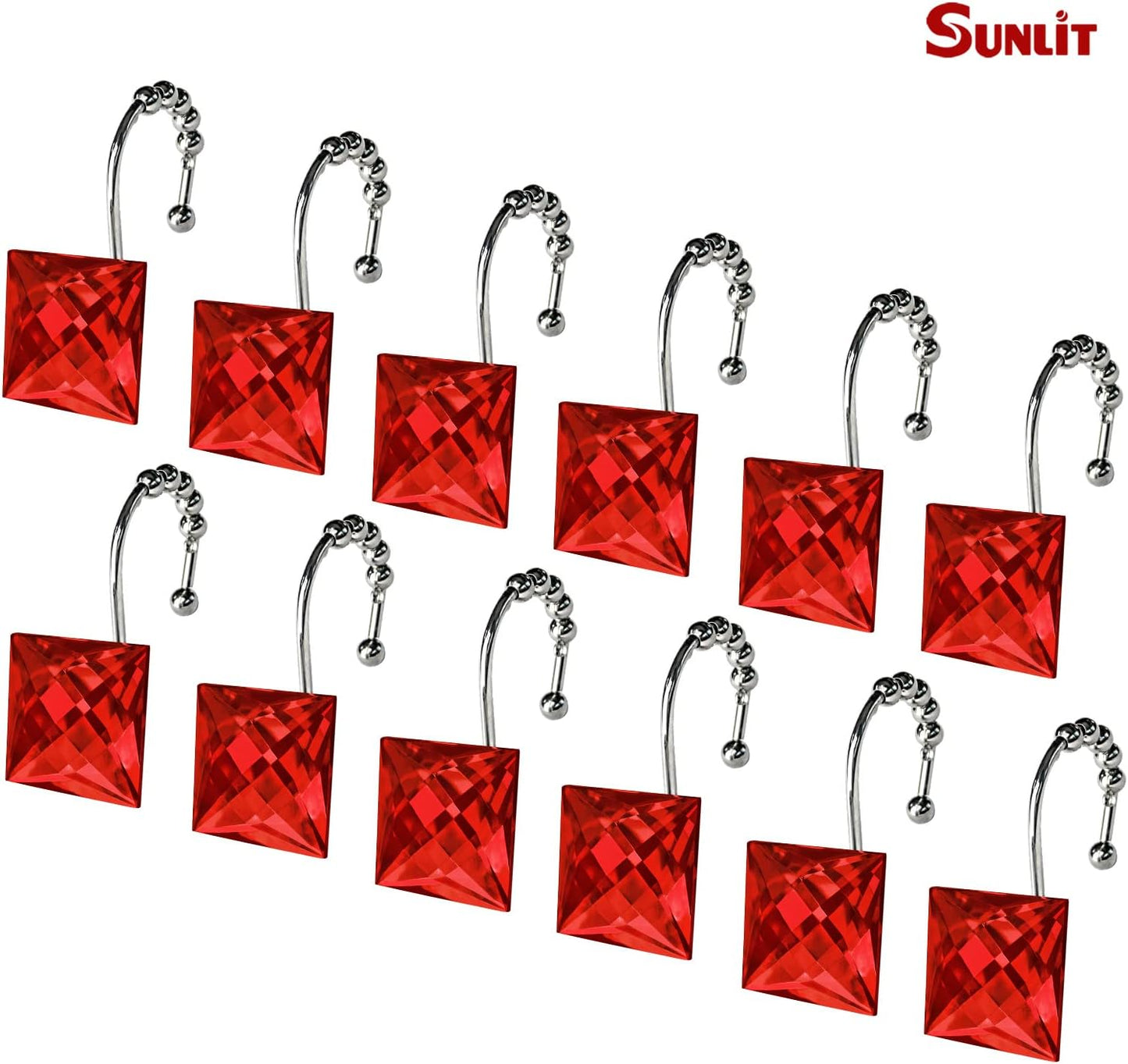 Sunlit Luxury Design Square Red Diamond Crystal Gem Bling with Glide Balls Shower Curtain Hooks, Rust Proof Metal Rhinestones Glam Shower Curtain Rings-12 Pack