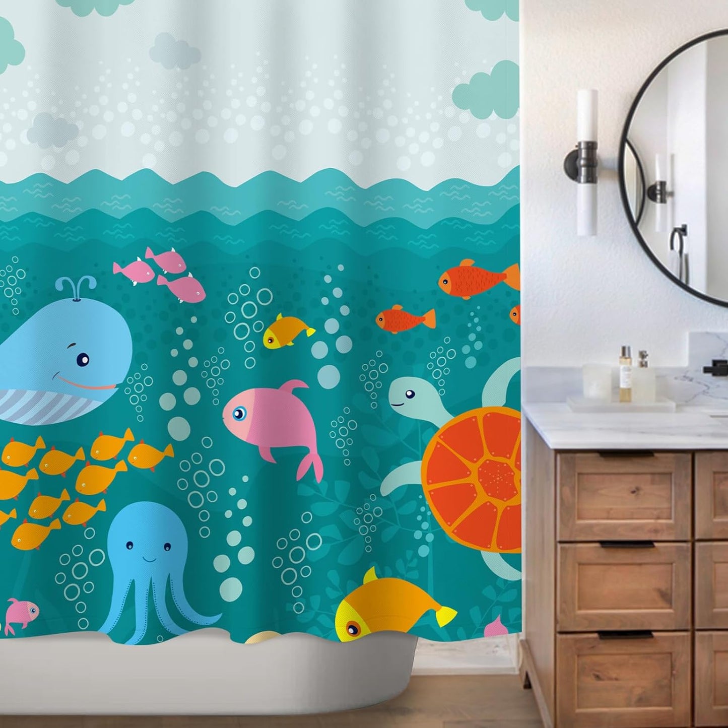 Sunlit Lovely Cartoon Sea Creatures Fabric Shower Curtain for Kids, Whale Turtle and Fish Bathroom Decor Curtain for Girls and Boys