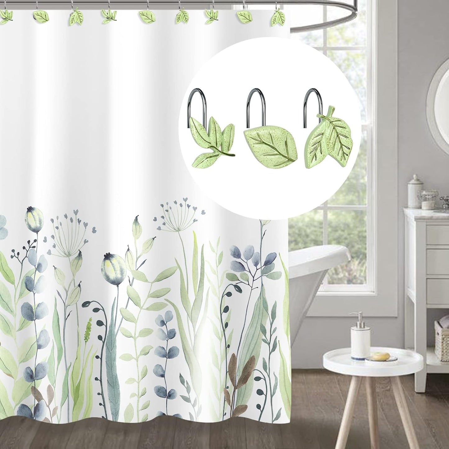 Light Green Plant Leaves Decorative Shower Curtain Hooks, Tropical Botanical Plam Tree Leaf Shower Curtain Rings for Bathroom, Resin, Cute Shower Curtain Hanger Hooks Bathroom Decor, Set of 12
