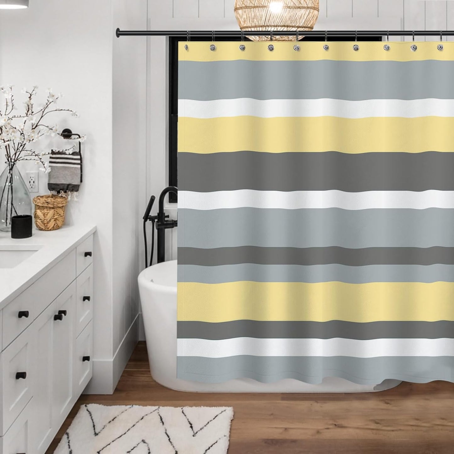 Sunlit Aqua Blue Gray Horizontal Stripes Water-Repellent Fabric Shower Curtain with Reinforced Metal Grommets Refreshing Striped Design Bathroom Decor