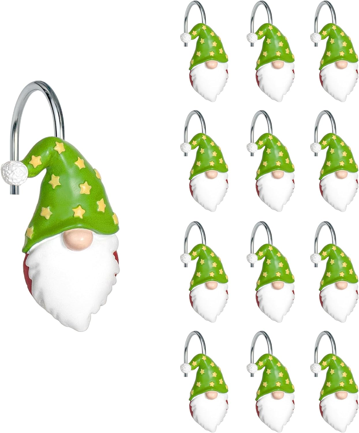 Sunlit Christmas Shower Curtain Hooks, Gnome Shower Curtain Rings, Hand Painted Resin Christmas Decor, Winter Bathroom Decoration, Black Top Hat, Set of 12
