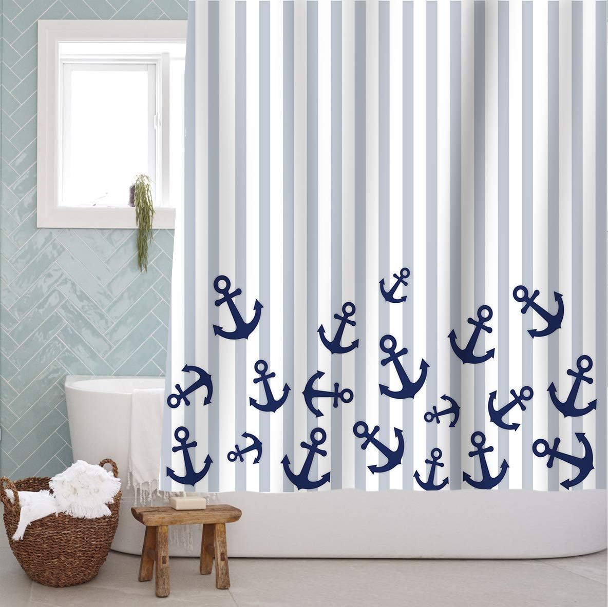 Sunlit Nautical Fabric Shower Curtain, Navy Blue Anchor with Gray Stripes Shower Curtains, Nautical Ocean Bathroom Decoration Curtains