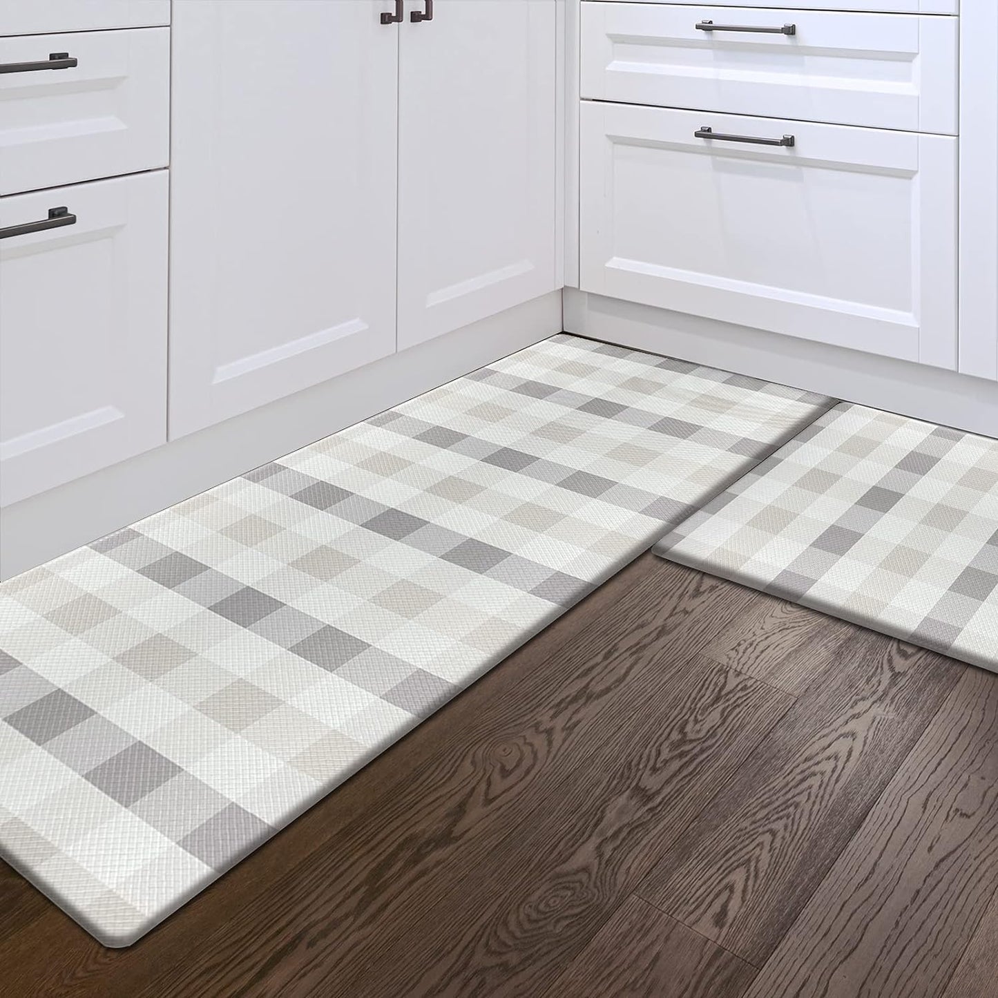 Sunlit Set of 2 Anti Fatigue Kitchen Floor Mat, Non Slip Waterproof Comfort Standing Mat, 0.4Inch Thick Cushioned Farmhouse Kitchen Rug Runner, Buffalo Plaid(Size:17"x28"&17"x47")