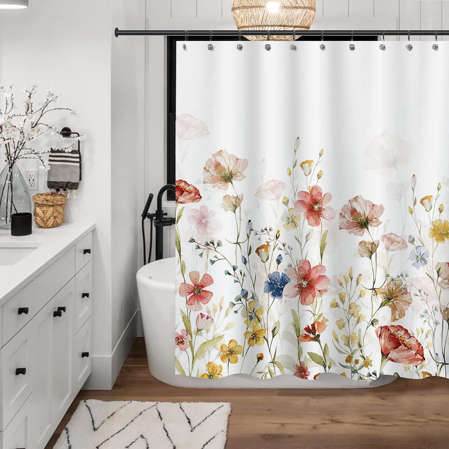 Floral Plant Fabric Shower Curtain, Spring Multi Color Flower Shower Curtains for Home Decor, Botanical Bath Curtain for Bathroom Washable, 71" x 71"