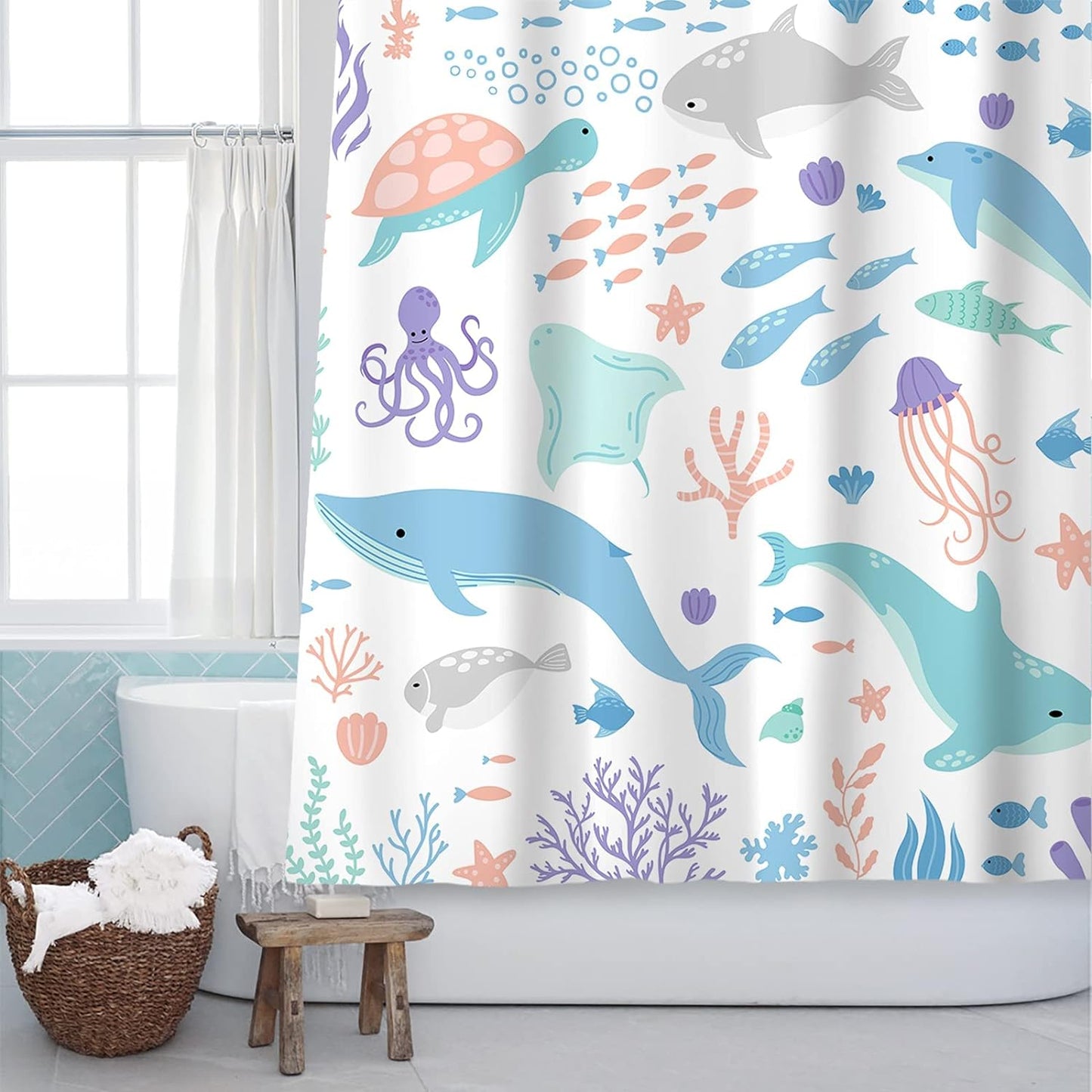 Sunlit Lovely Cartoon Pastel Colors Aquarium Baby Shower Curtain, Ocean Creatures Light Blue Fabric Shower Curtain for Kids, Turtle Dolphins and Fishes Coral Bathroom Decor Curtain for Children