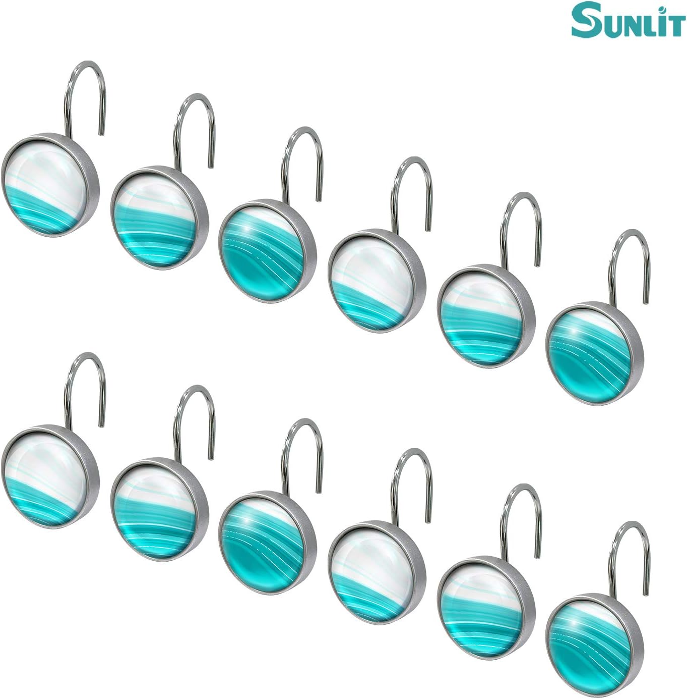 Sunlit Round Crystal Glass Decorative Shower Curtain Hooks, Rust Proof Oil Rubbed Metal Shower Curtain Rings-12 Pack, Gradient Blue