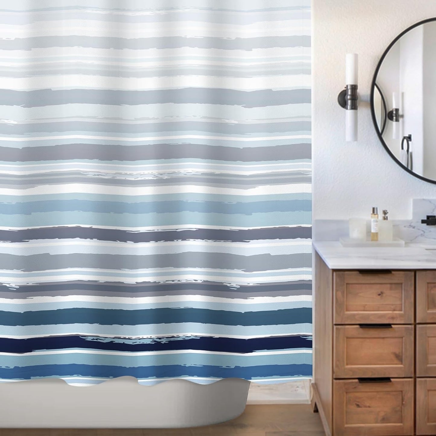 Ombre Blue Textured Slubbed Fabric Shower Curtain, Blue and White Stripe Shower Curtains for Bathroom Decoration, Wave Striped Bathroom Curtains, 71x71
