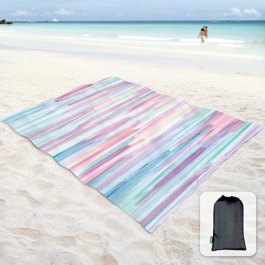 Sunlit Silky Soft 106"x81" Sand Proof Beach Blanket Sand Proof Mat with Corner Pocket and Mesh Bag for Beach Party, Travel, Camping and Outdoor Music Festival, Watercolor Painting Macaron Blue